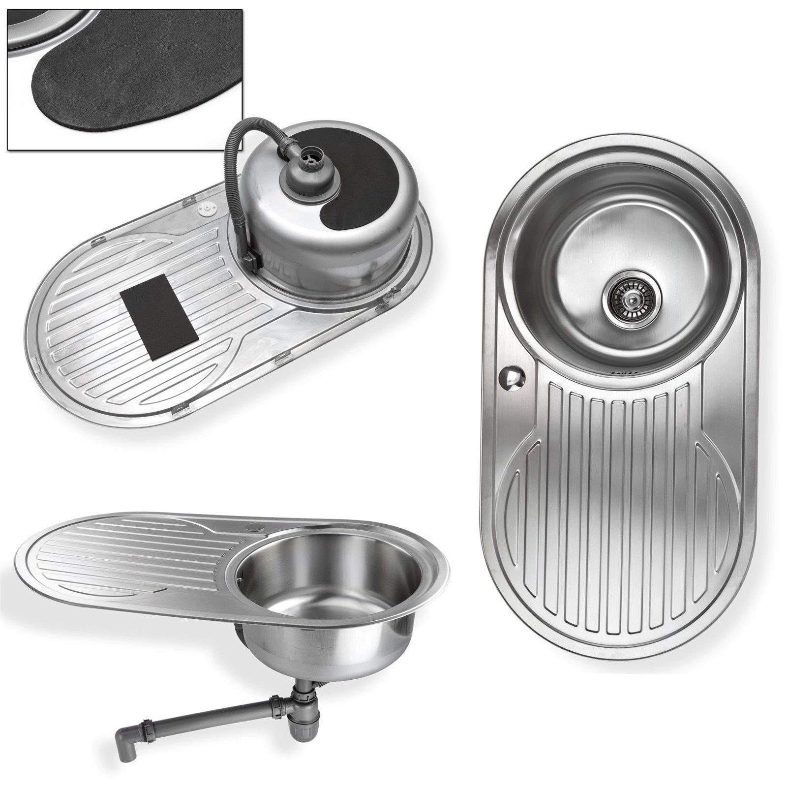 Stabilo Sanitär Edelstahlspüle Einbauspülbecken Chrom rund aus Edelstahl mit Abtropffläche links, Rund, 90/47 cm, (Komplett-Set, mit komplettem Siphon), Spüle ist Rost-und Hitzebeständig.