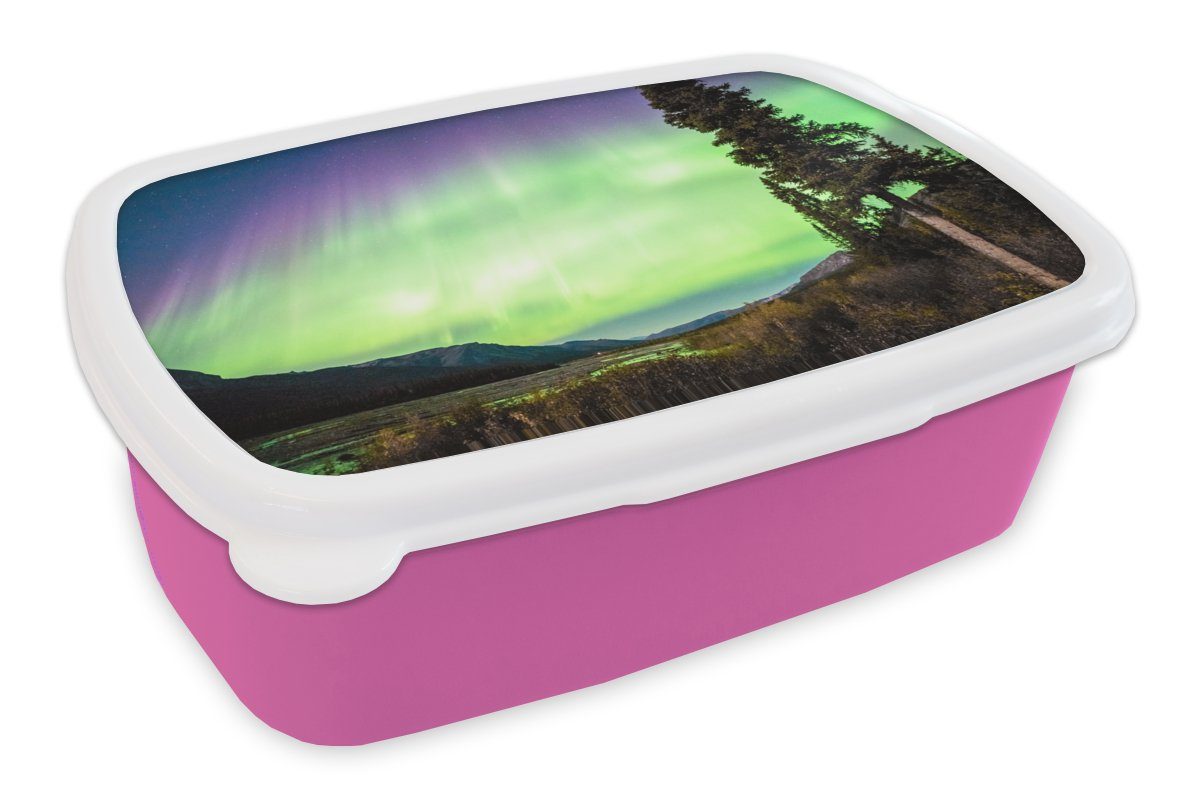 MuchoWow Lunchbox Nordlichter Erwachsene, Kinder, Kunststoff - Snackbox, Mädchen, Brotdose Baum rosa Natur, Berg - Kunststoff, - (2-tlg), für Brotbox