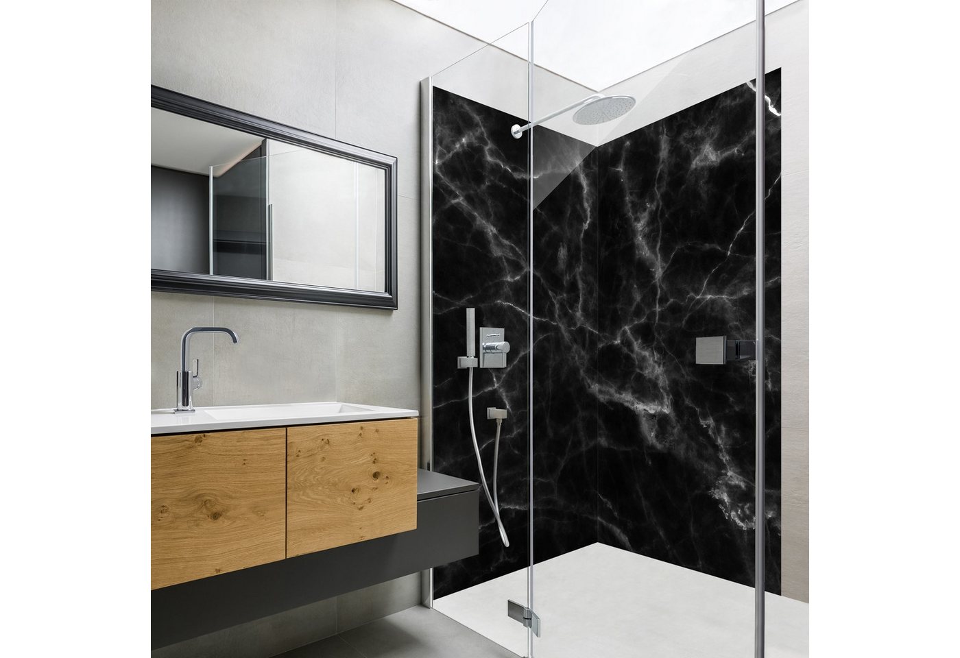 Thumbnail - Bilderdepot24 Duschrückwand Marmor schwarz Badrückwand ohne Bohren Dusche Steinoptik, (2-tlg., 0,61 mm starke Folie selb...