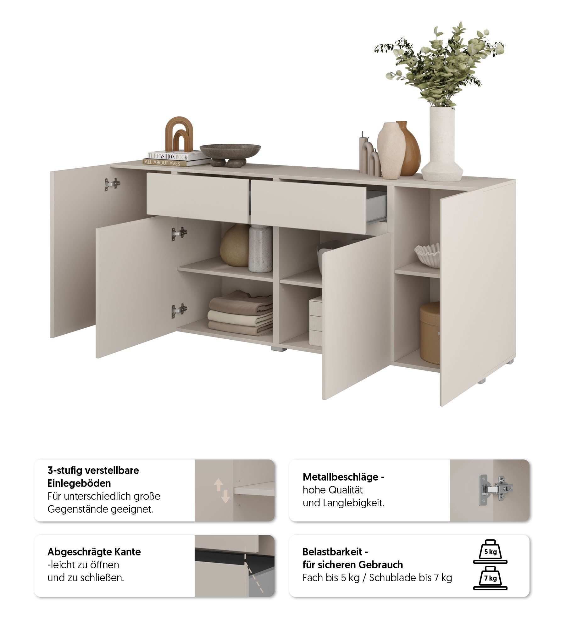 OTTO home Sideboard Metric,Breite 195 cm, grifflose Kommode 4 Türen/2 Schubkästen, Schubladenschrank mit viel Stauraum, Einlegeböden verstellbar