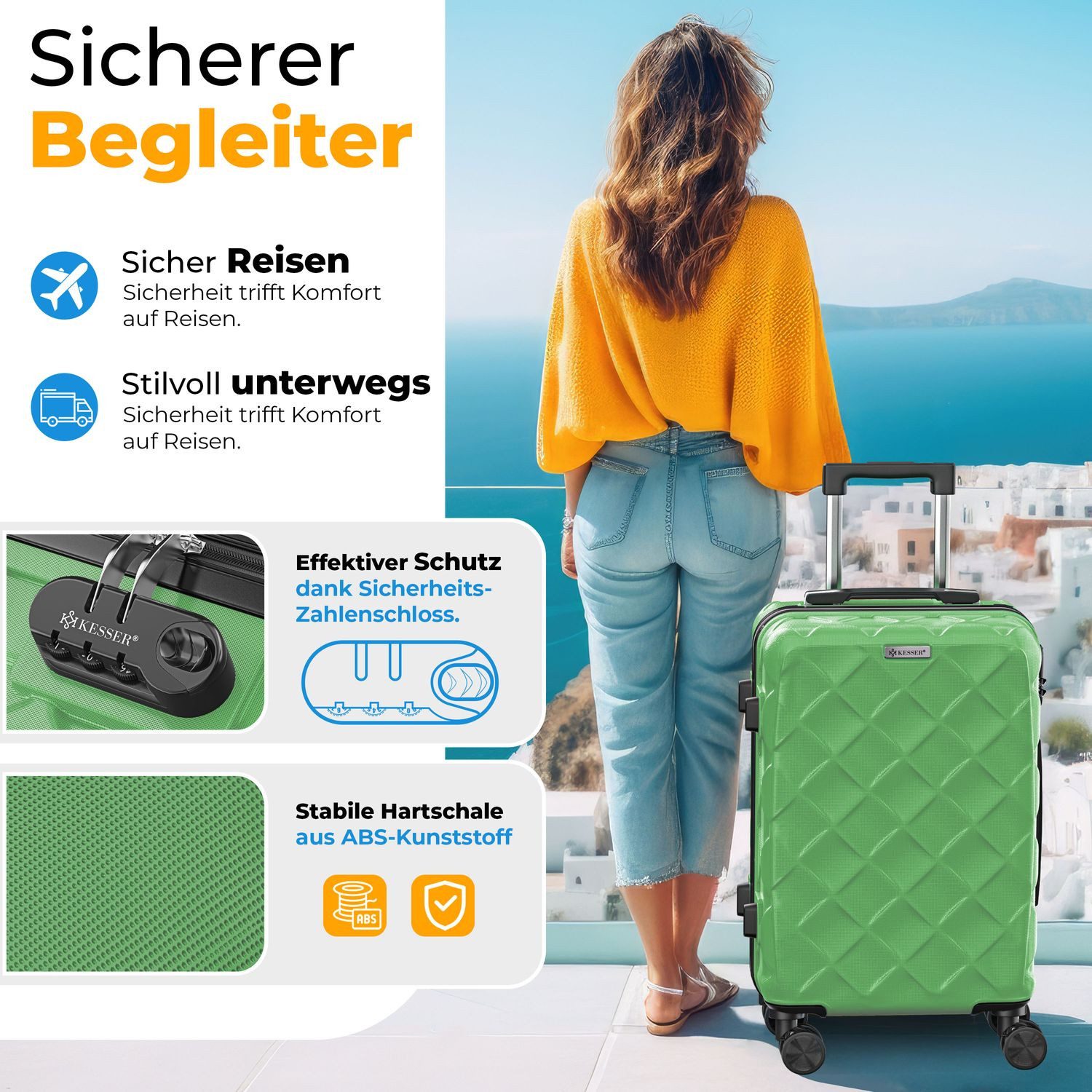 KESSER Kofferset, 3-teilig ABS Hartschalenkoffer mit Zahlenschloss, Waage & Brieftasche