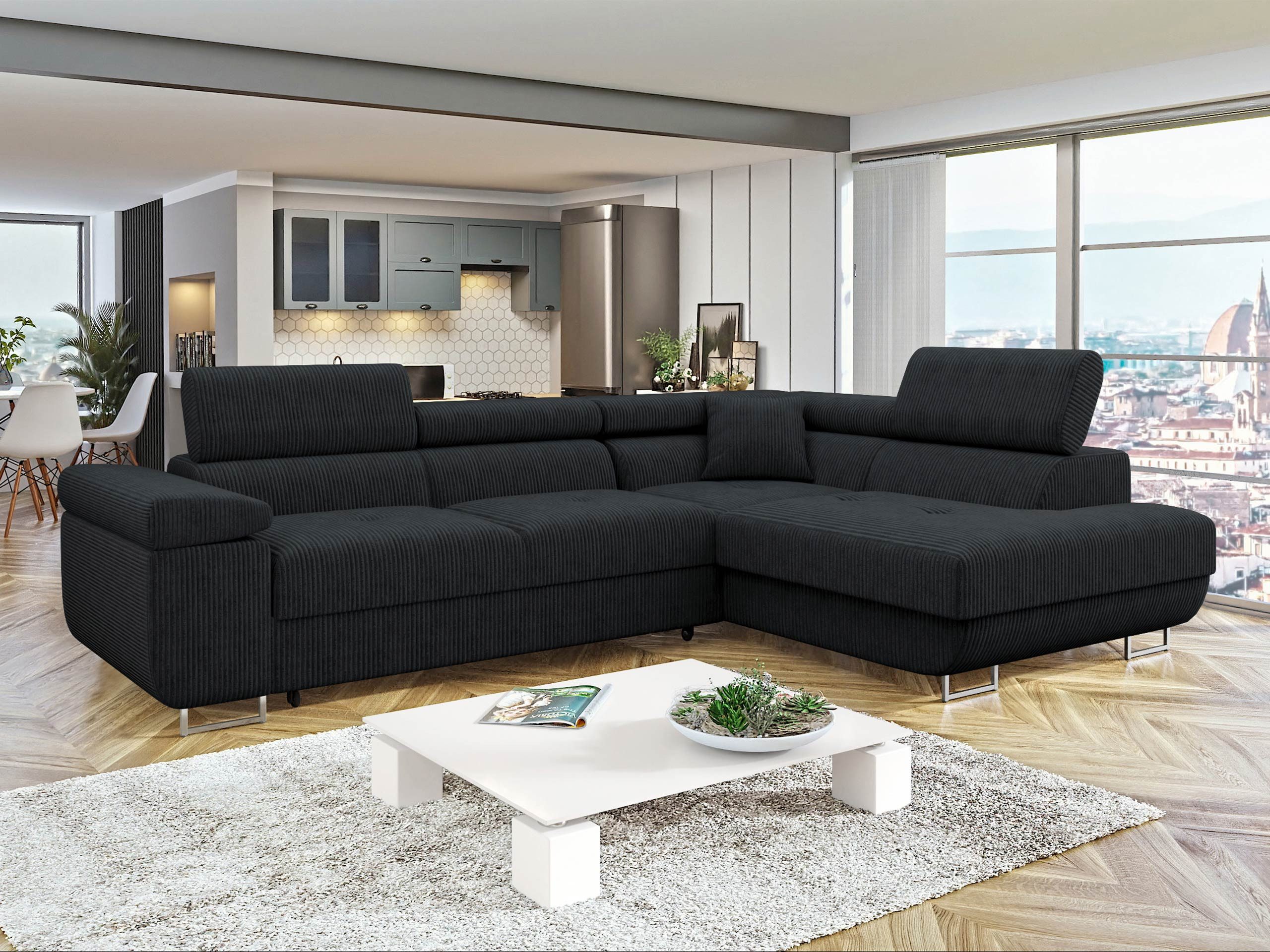 MIRJAN24 Ecksofa Torezio Cord, mit Bettkasten und Schlaffunktion, Einstellbare Kopfstützen, 274x203x70-90 cm
