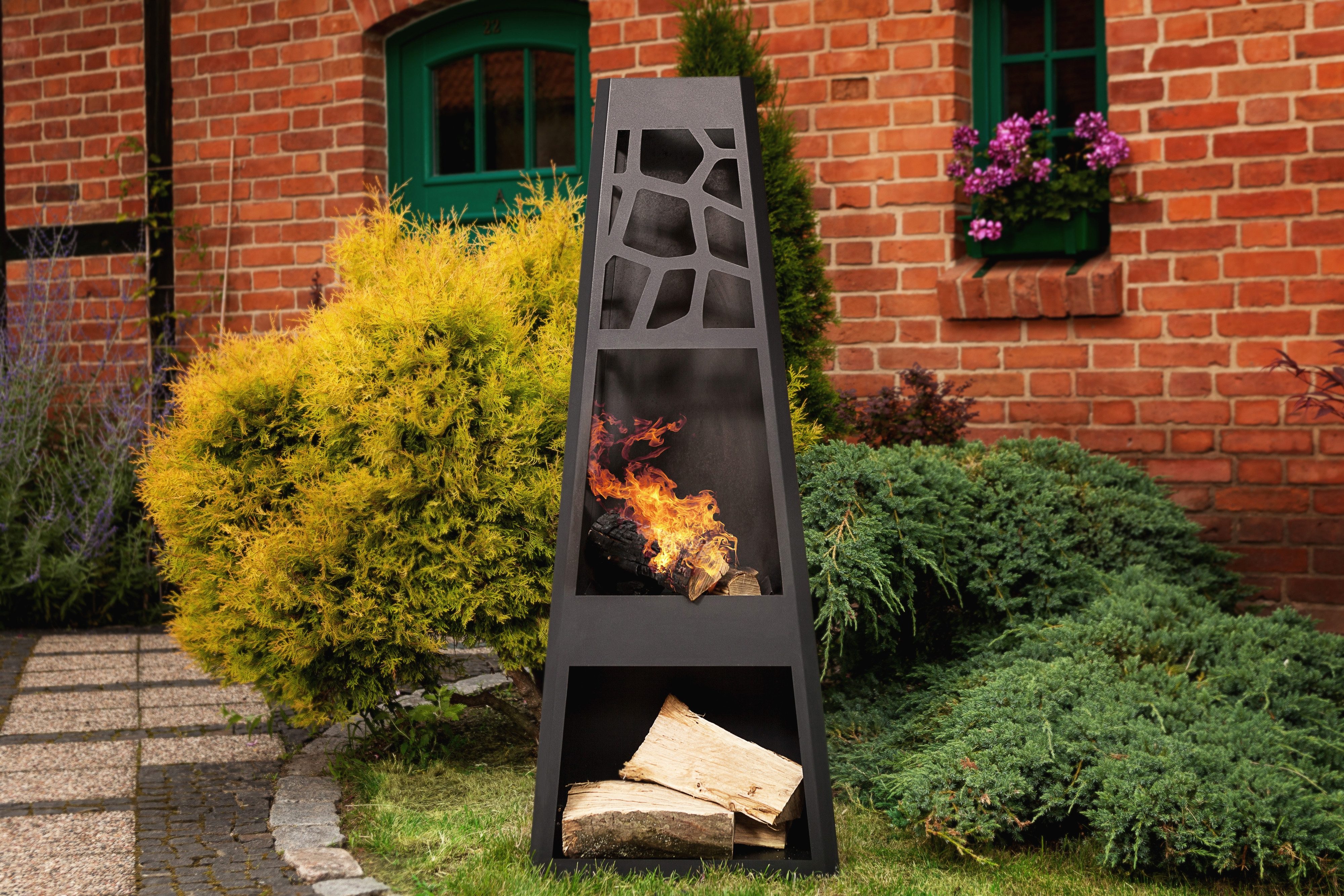 dobar Gartenkamin Design-Gartenkamin XL mit Kaminholz-Stauraum