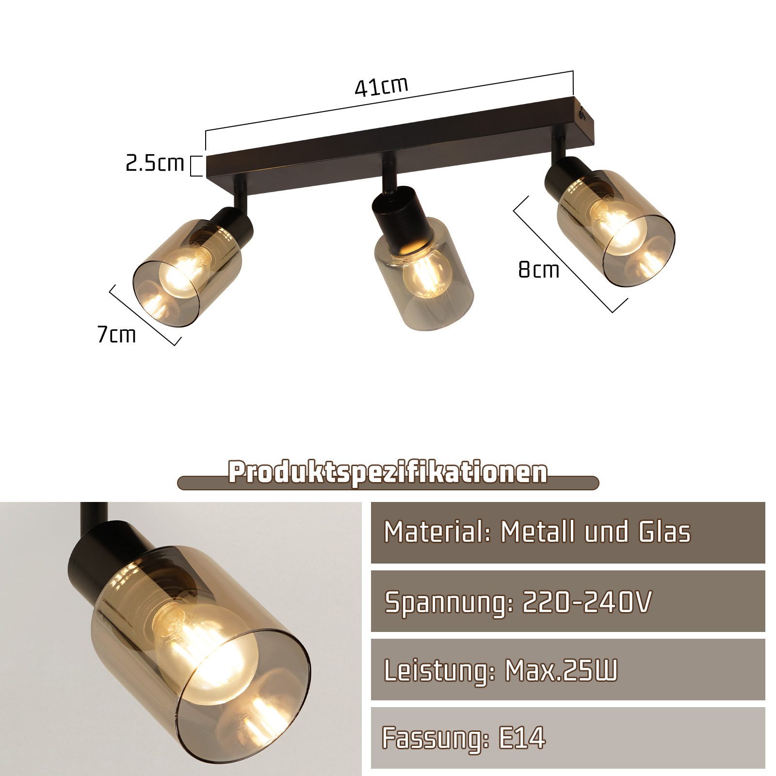 Nettlife Deckenstrahler Schwarz Vintage Glas E14 3 flammig Metall Deckenleuchte Schwenkbar, LED wechselbar, Spotleuchte für Wohnzimmer Flur Küche