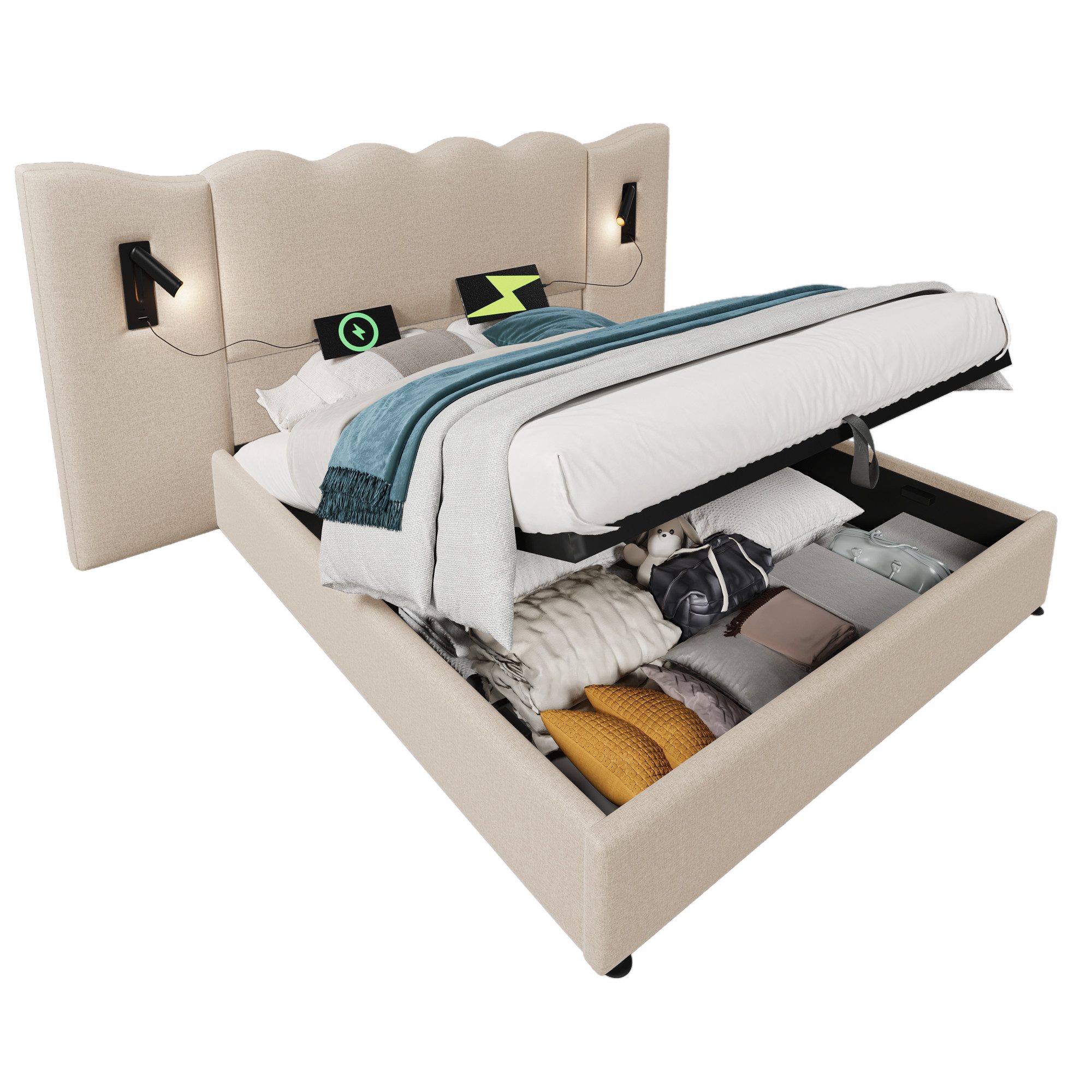 Polsterbett Jugendbett Doppelbett Nachttisch Bettanlage Stauraumbett 160/180x200cm