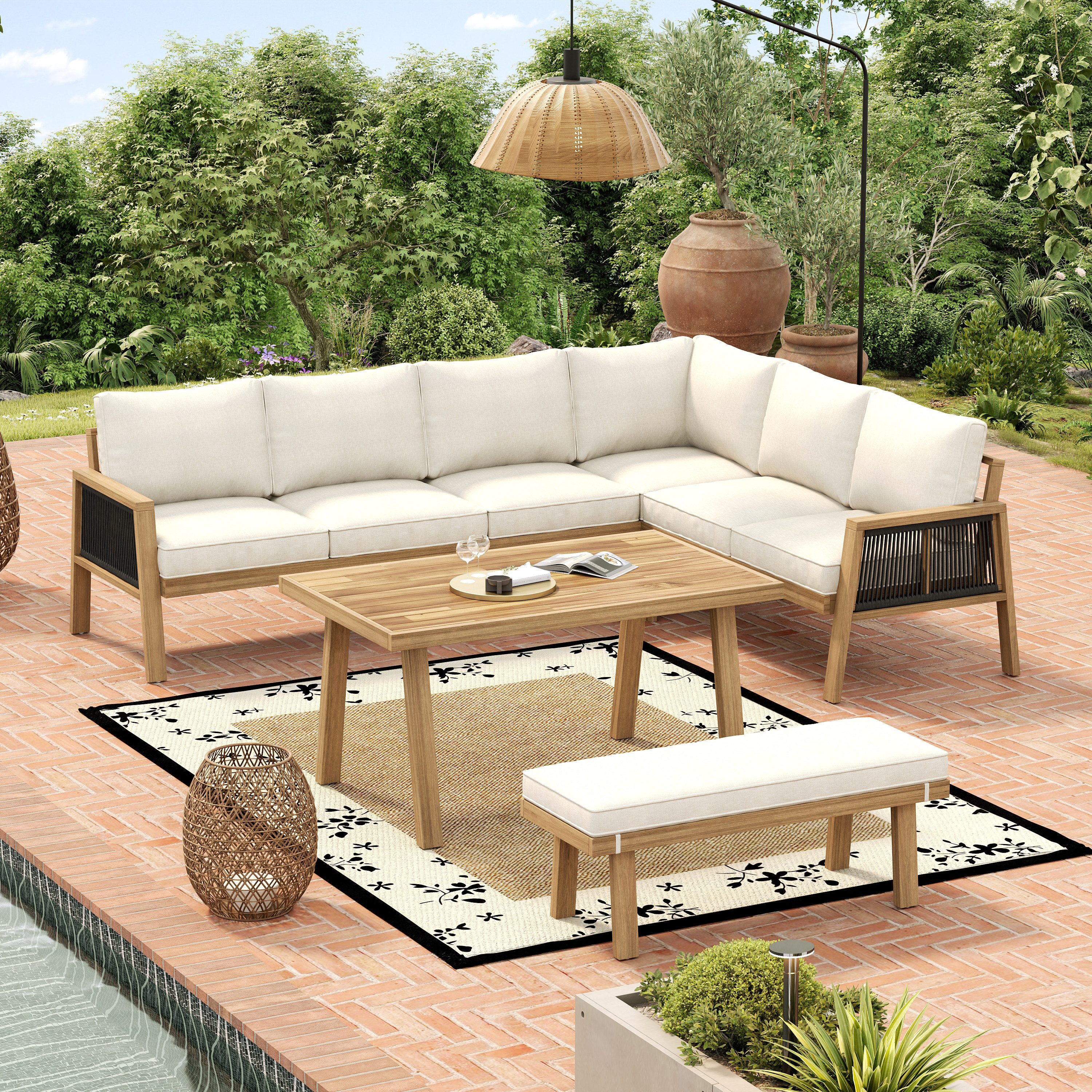 KLAM HOME Gartenlounge-Set Gartenmöbel Eck-Set aus Akazienholz, Natur + Creme, (Mit geflochtenem Seil-Design, Ecksofa + Couchtisch), Wetterfestes Outdoor Möbel für Garten & Terrasse