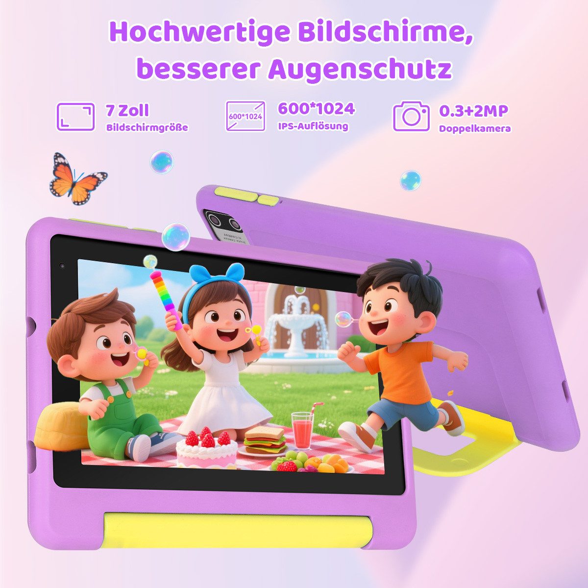 Happybe 7 Zoll 64GB HD-Display mit Schreibtafel, Kopfhörer & Tasche Kinder Tablet (7", 64 GB, Android, Android 15, Vorinstallierte Kindersoftware, Lernen durch  – Bild 5 von 5