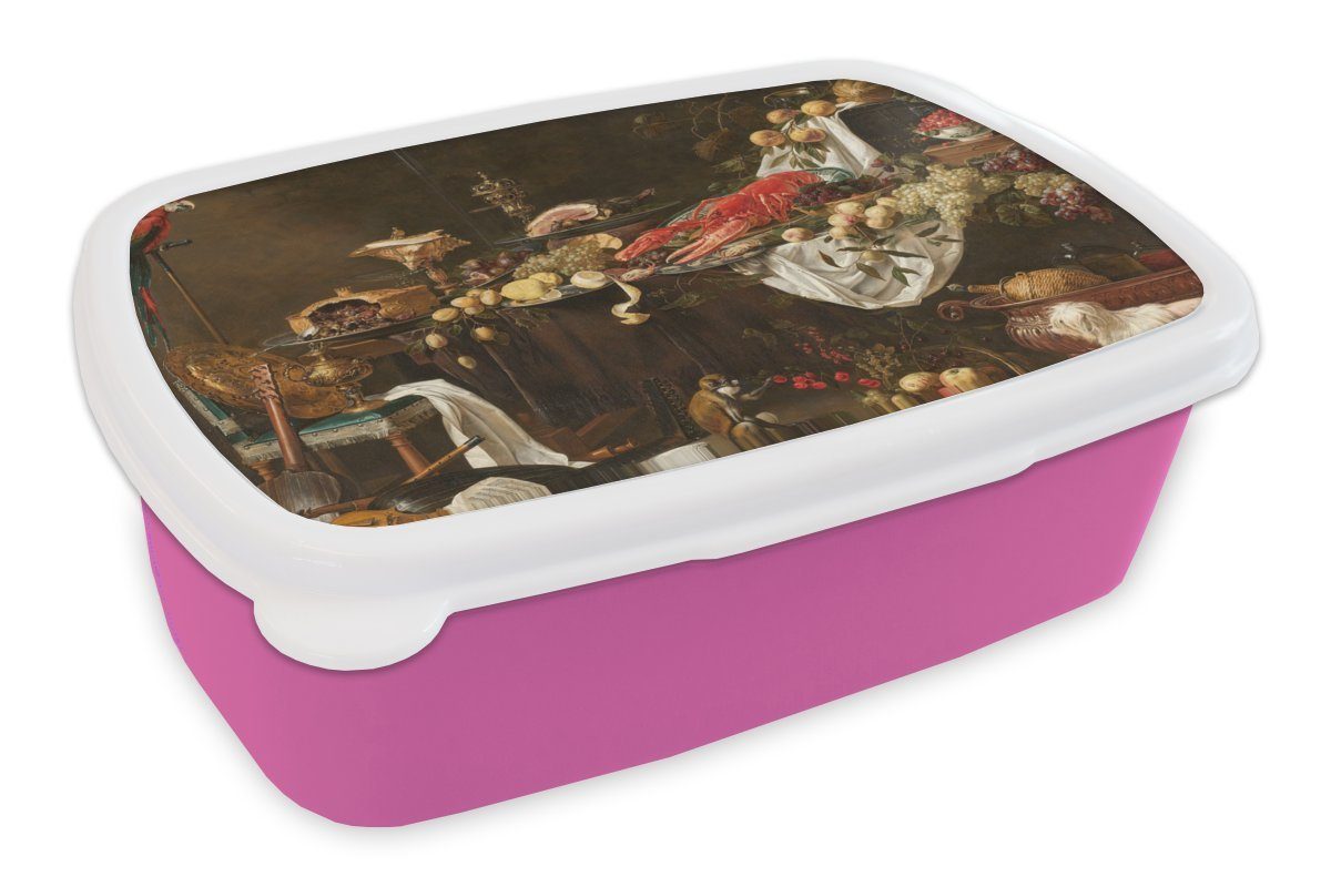 MuchoWow Lunchbox Stilleben im Druck - Adriaen van Utrecht - Ölfarbe, Kunststoff, (2-tlg), Brotbox für Erwachsene, Brotdose Kinder, Snackbox, Mädchen, Kunststoff rosa