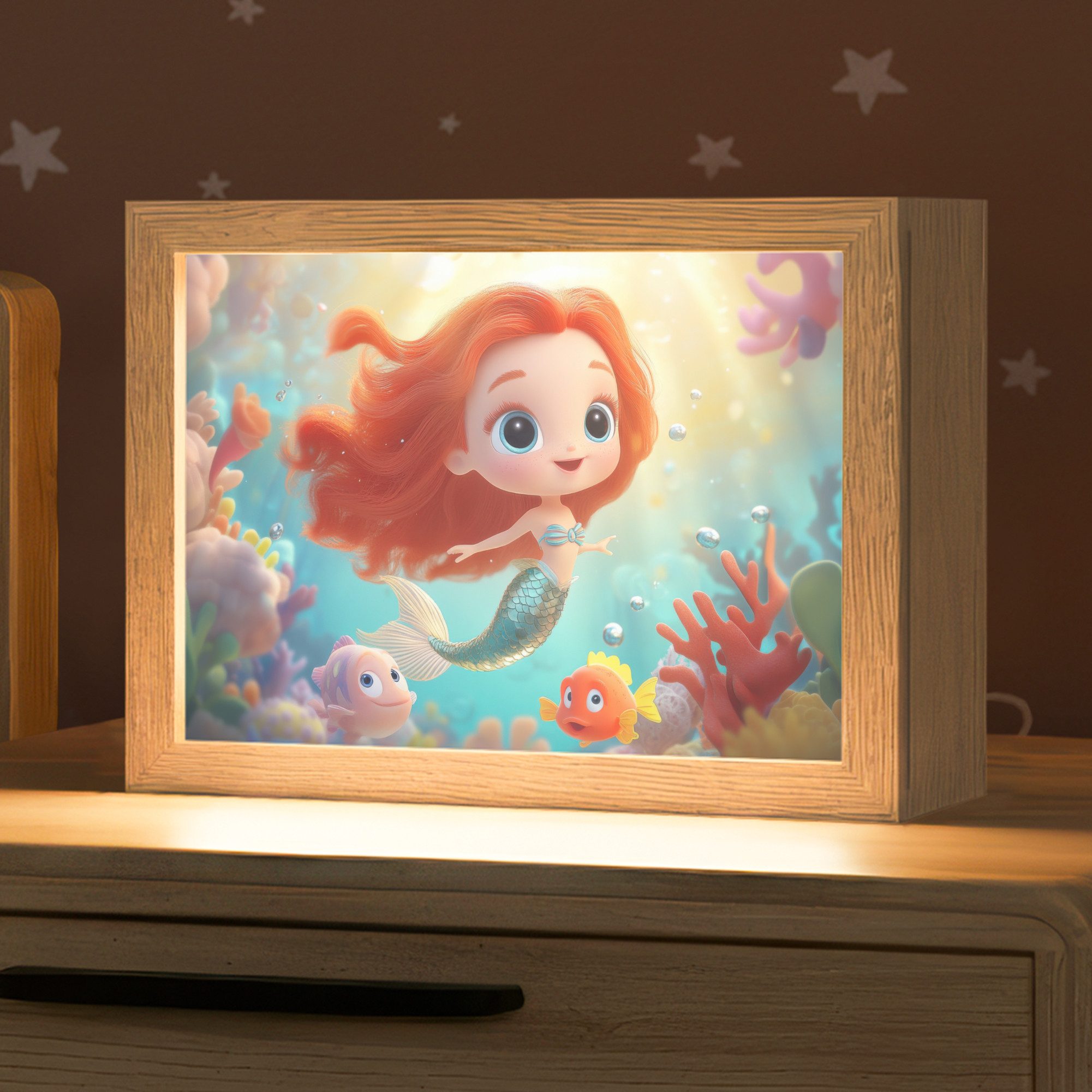 OnlyWow Nachttischlampe Lightbox Meerjungfrau - Wasser - Fisch - Rot - Mädchen, Dimmbar, Farbwechsel, LED, Warmweiß, Kaltweiß, Neutralweiß Einstellbar, Nachtlicht, Kinder- und Babyzimmer, Dimmbar, mit Kabel, Tischleuchte
