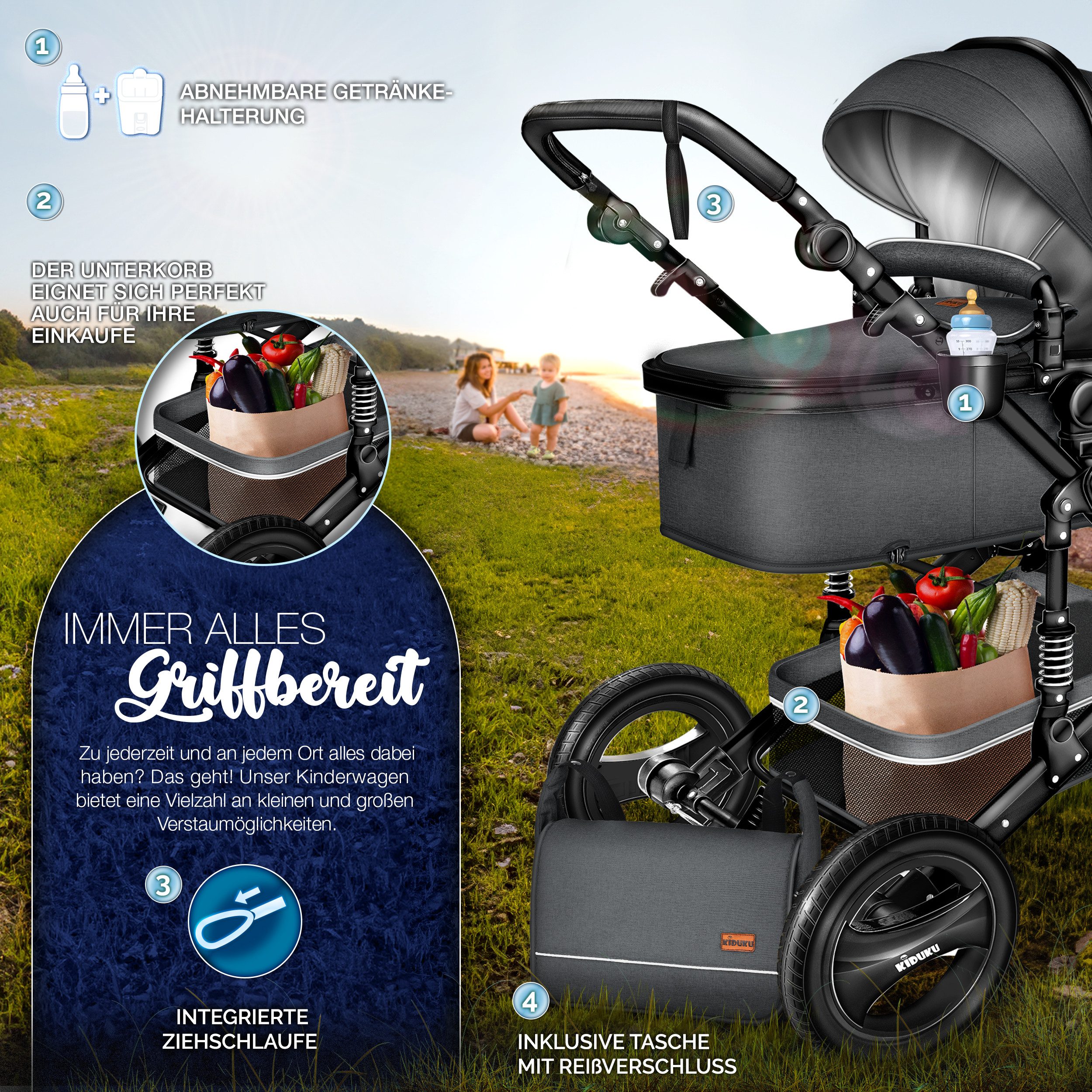 KIDUKU Kombi-Kinderwagen KIDUKU® 3 in 1 Kombi-Kinderwagen Buggy Reisebuggy inkl. Auto- Babyscha, Kindertisch