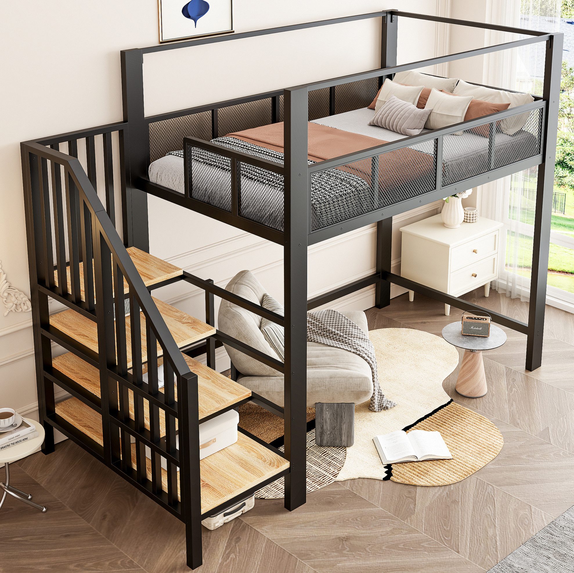 MODFU Hochbett Jugendbett, inklusive praktischer Stauraumstufen (90x200 cm, Funktionsbett mit Baldachin, sicherer Treppe und integrierter Arbeitsfläche unter dem Bett, Metallbett Kinderbett) ohne Matratze