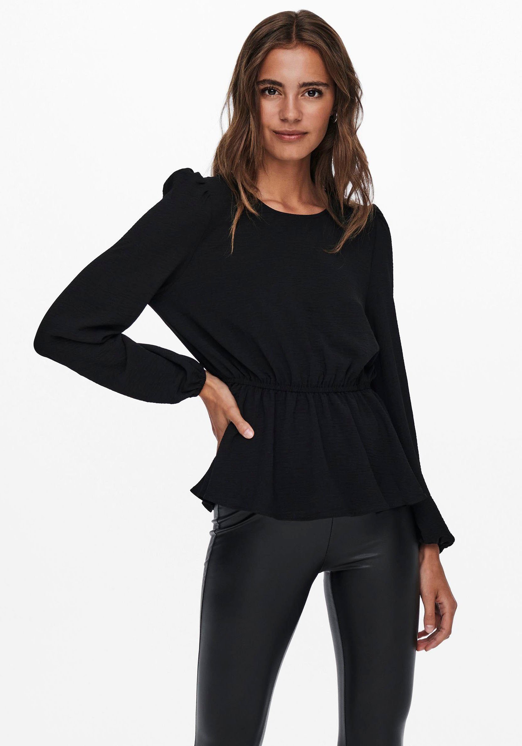 ONLY Blusenshirt ONLMETTE DAR L/S O-NECK TOP NOOS WVN mit Schößchensaum,  Mit Gummizug in der Taille