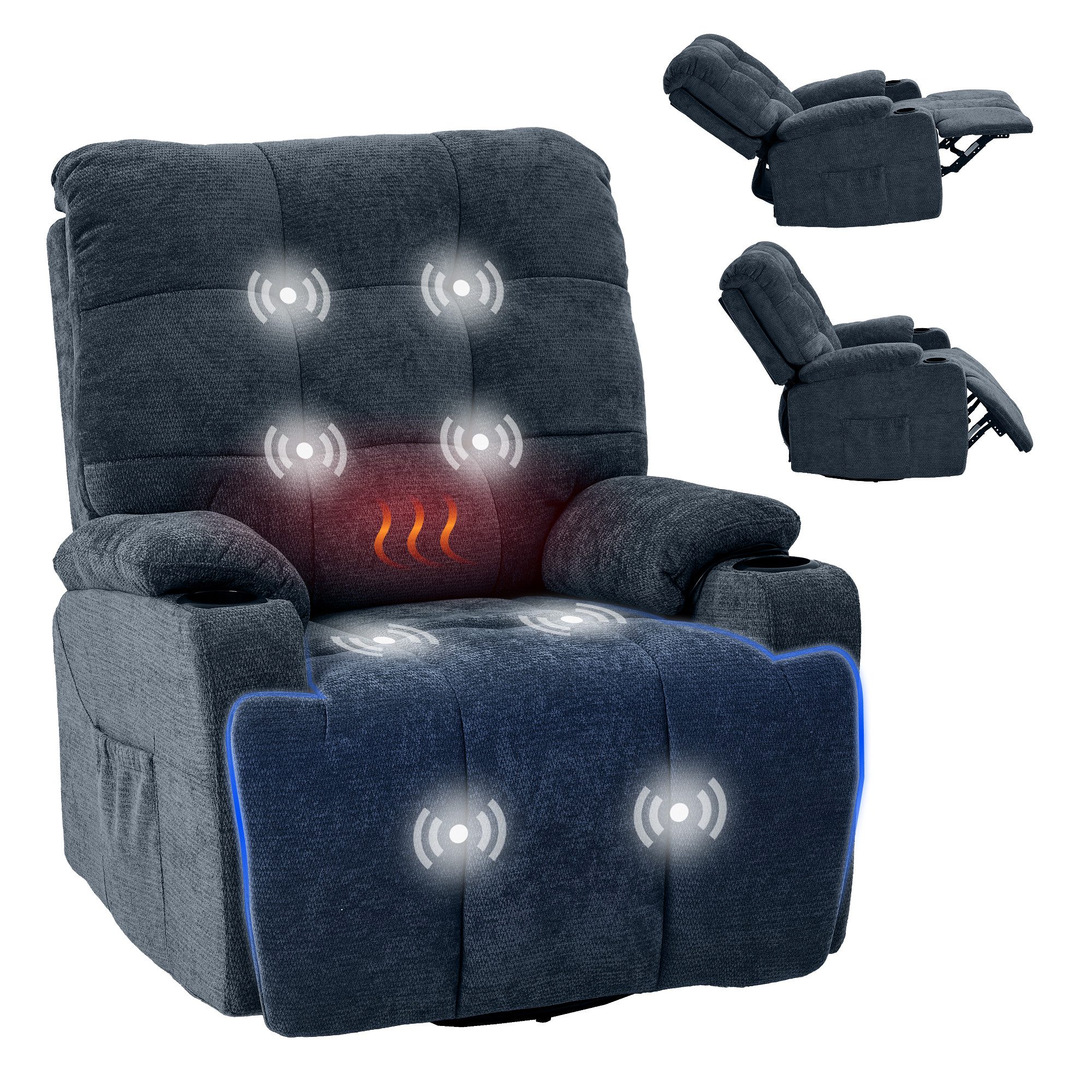 FLEXISPOT Relaxsessel Elektrischer Schaukelsessel, Massagesessel, Fernsehsessel,360°drehbar (mit Heiz- und Liegefunktion, 8-Punkt-Massage, USB-/Type-C-Ansclhluss, 2 Seitentaschen, 2 integrierte Getränkehalter, 105°-165° verstellbar), belastbar bis 200 kg,