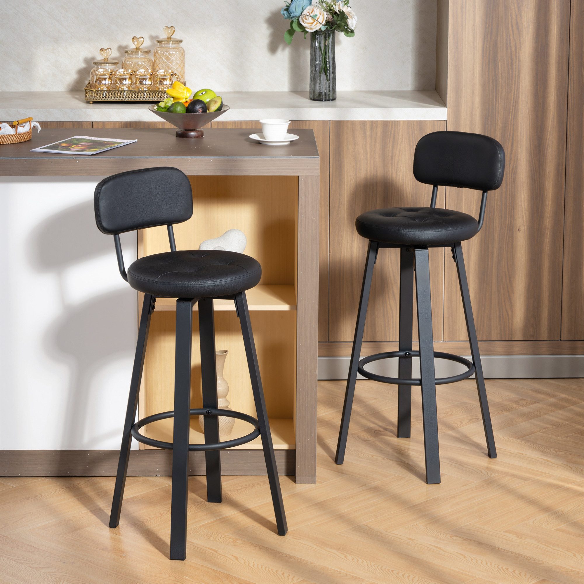 HOMCOM Barhocker Rückenlehne, Gepolstert, Tresenhocker aus Kunstleder (Barstuhl, 2 St., Bistrohocker), für Küche, Esszimmer, Schwarz