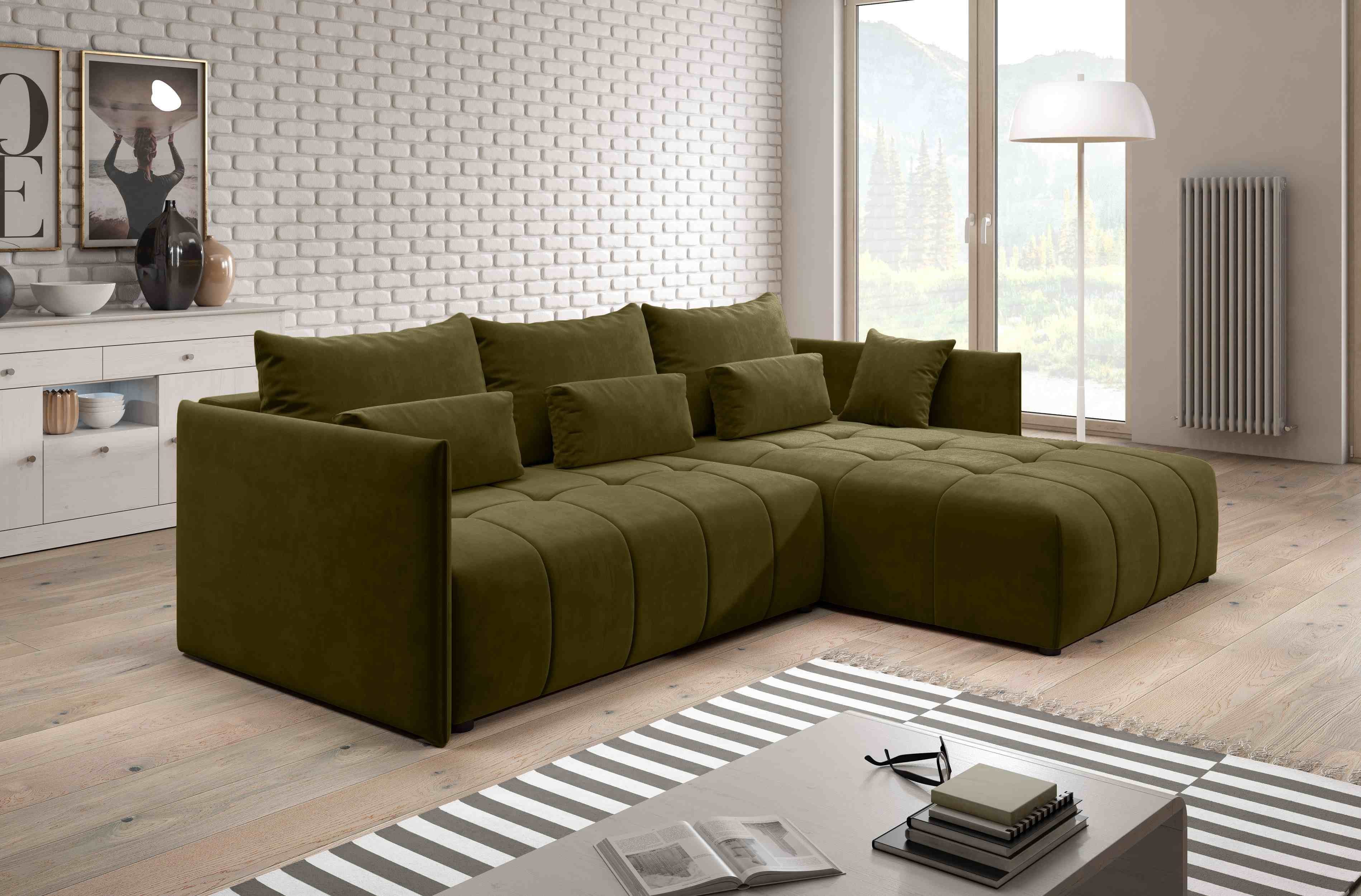 Furnix Ecksofa YALTA Schlafsofa Couch ausziehbar mit Bettkasten und Kissen, Made in Europe Moos Grün MH38 | Ecksofas