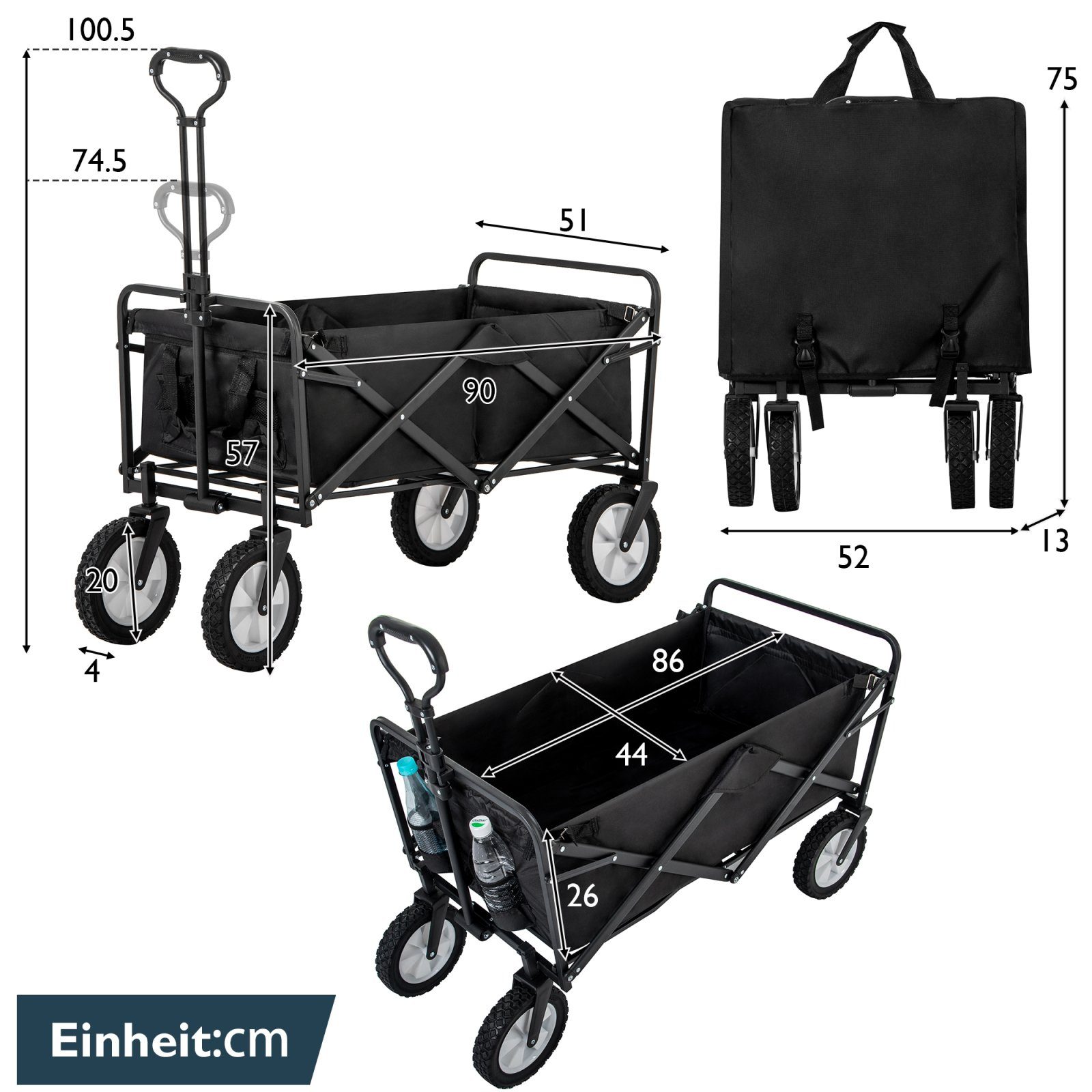 Schwarz Zusammenklappbarer Verstellbarer Bis Bollerwagen SEEZSSA mit Getränkehalter Station (mit 100 Faltbar, kg aus Mesh), Wagon Griff Belastbar