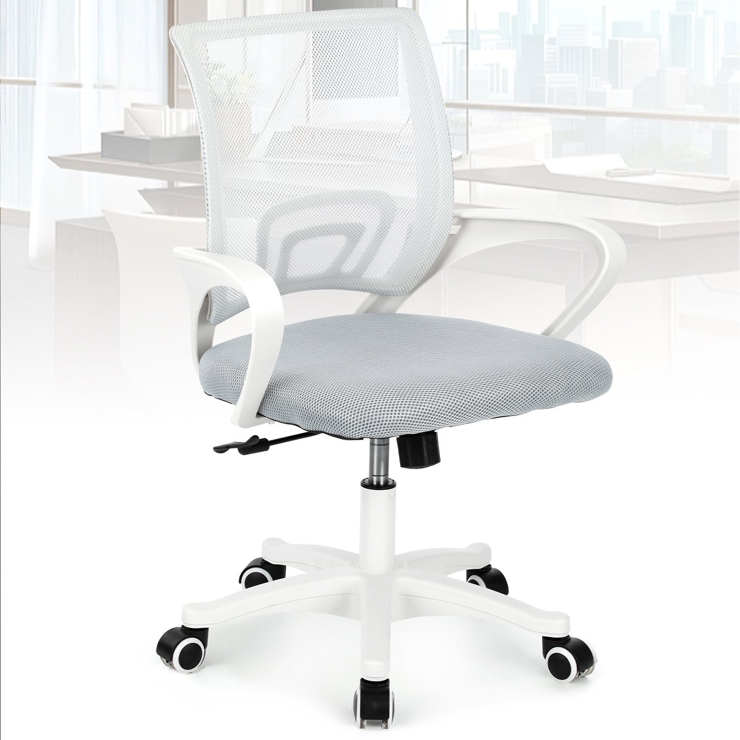 Gepolsterte Höhenverstellbar LETGOSPT Wippfunktion Fußkreuz, 90°-135° Weiß-TB0004 Verchromten Schreibtischstuhl Kunststoffrollen, Ergonomischer Sitzfläche, Chair, 5 Schreibtischstuhl