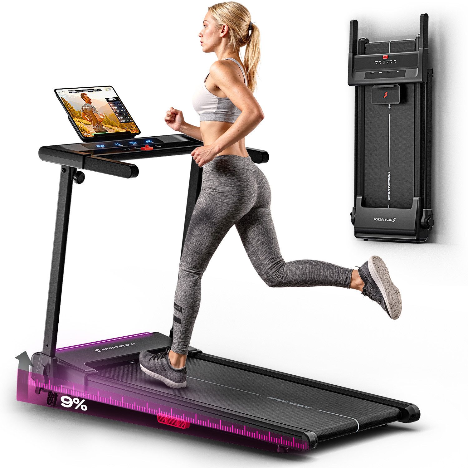 Sportstech Laufband sProRun, Steigungsfunktion bis 9%, zuklappbar, Transportrollen, bis 120kg