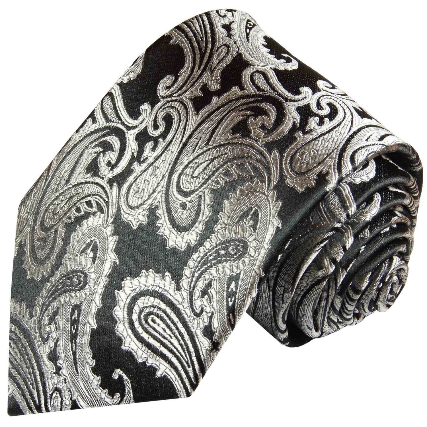 Krawatte Seidenkrawatte Einstecktuch) silber 2-St., Krawatte Seide schwarz Breit Tuch paisley Malone 100% (8cm), 352 Herren mit Paul brokat mit (Set, grau