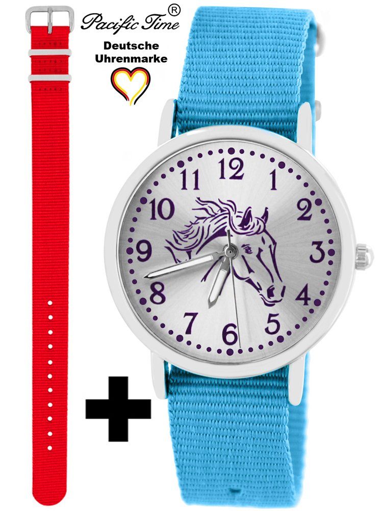 Pacific Time Quarzuhr Set Kinder Armbanduhr Pferd violett Wechselarmband, Mix und Match Design - Gratis Versand rot und hellblau
