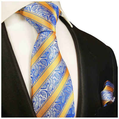 Paul Malone Krawatte Herren Seidenkrawatte mit Tuch paisley gestreift 100% Seide (Set, 2-St., Krawatte mit Einstecktuch) Schmal (6cm), blau gelb 2002