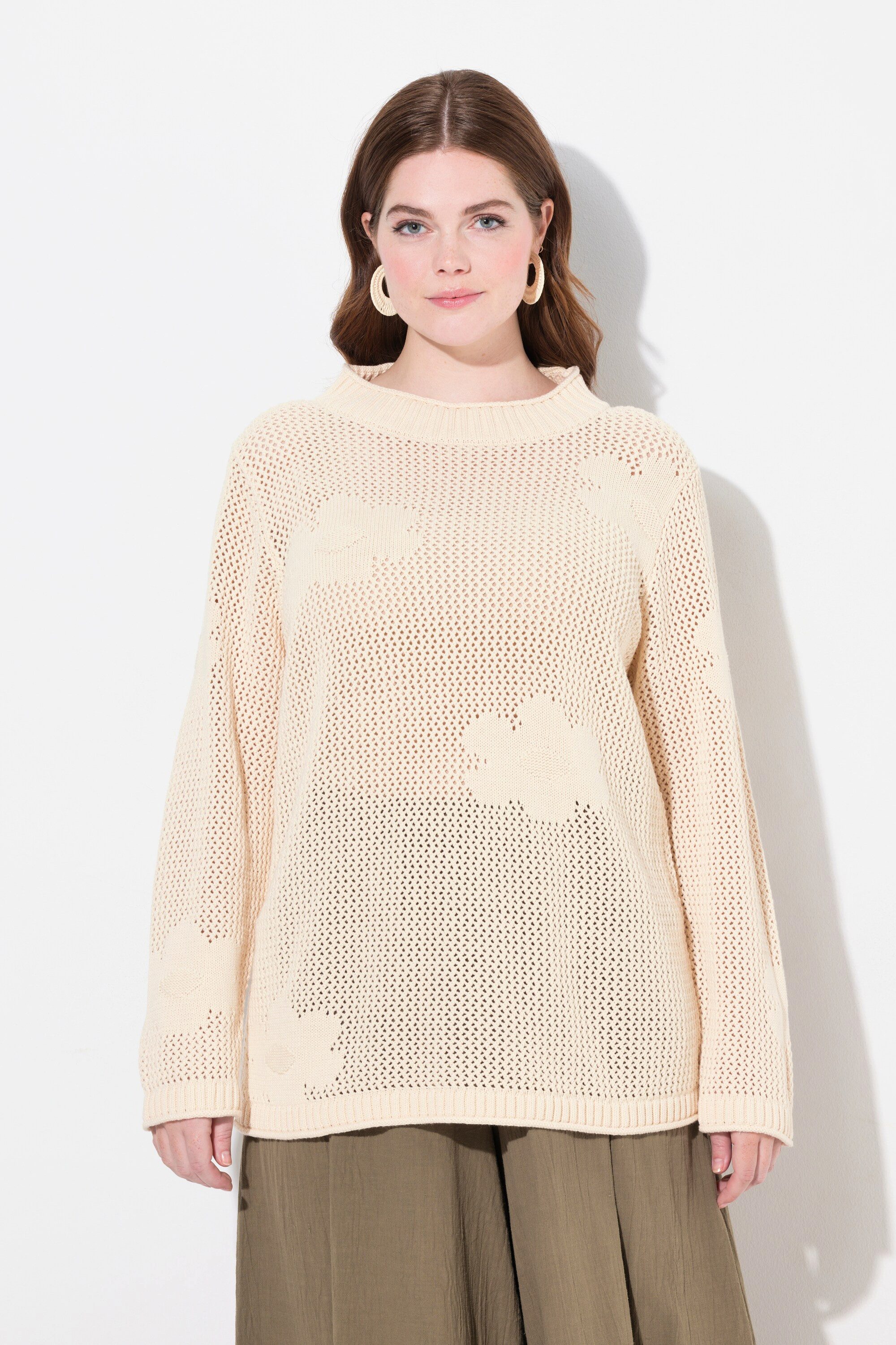 Strickpullover Pullover Lochstrick Rundhals Langarm Biobaumwolle