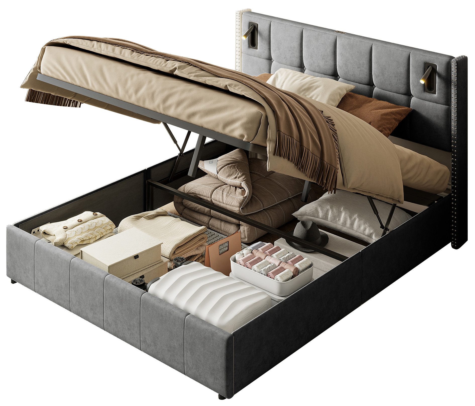 FUROKOY Polsterbett Doppelbett Stauraumbett Hydraulisch anhebbarer günstig online kaufen