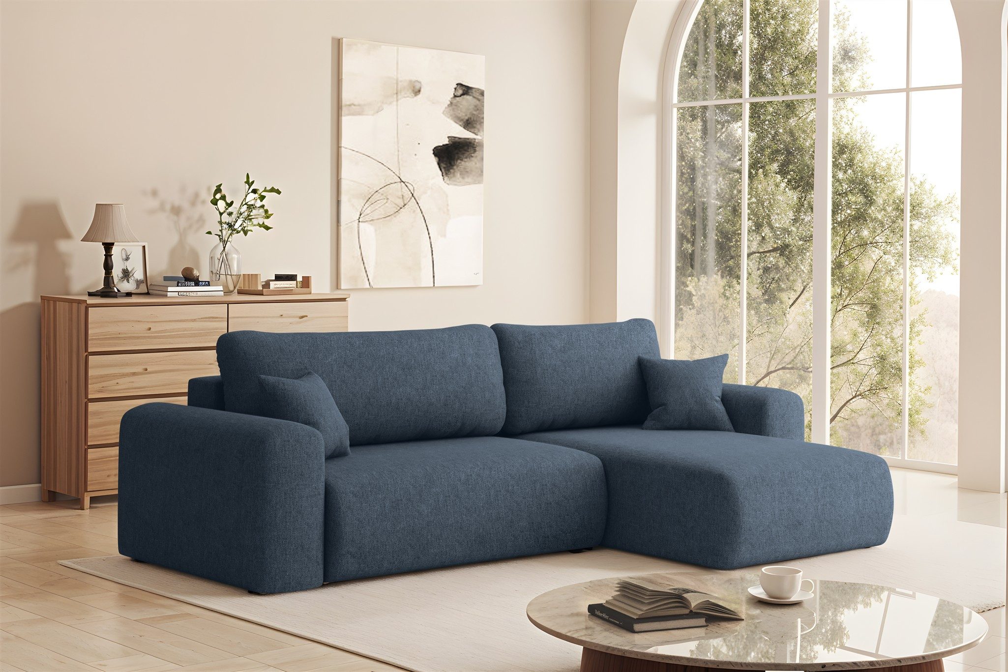 Fun Möbel Ecksofa Schlafsofa FLORA in Stoff, mit Bettkasten und 2 Zierkissen, Ottomane Links oder Rechts