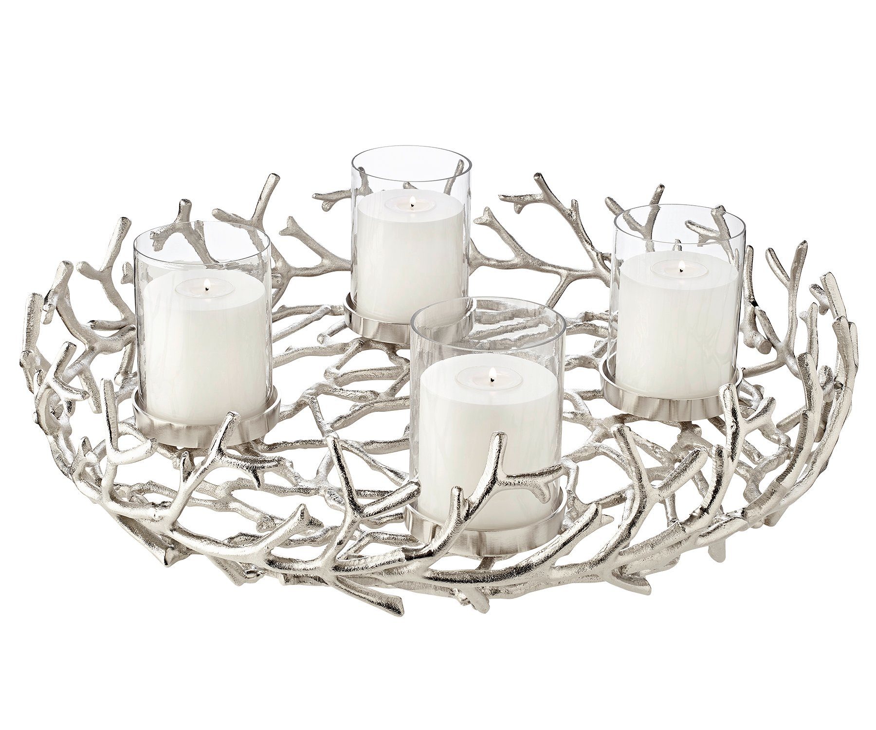 EDZARD Adventskranz Porus XL, (58 cm) Kerzenhalter für Stumpenkerzen, Adventsleuchter als Weihnachtsdeko für 4 Kerzen á Ø 8 cm, Kerzenkranz als Tischdeko mit Silber-Optik, vernickelt