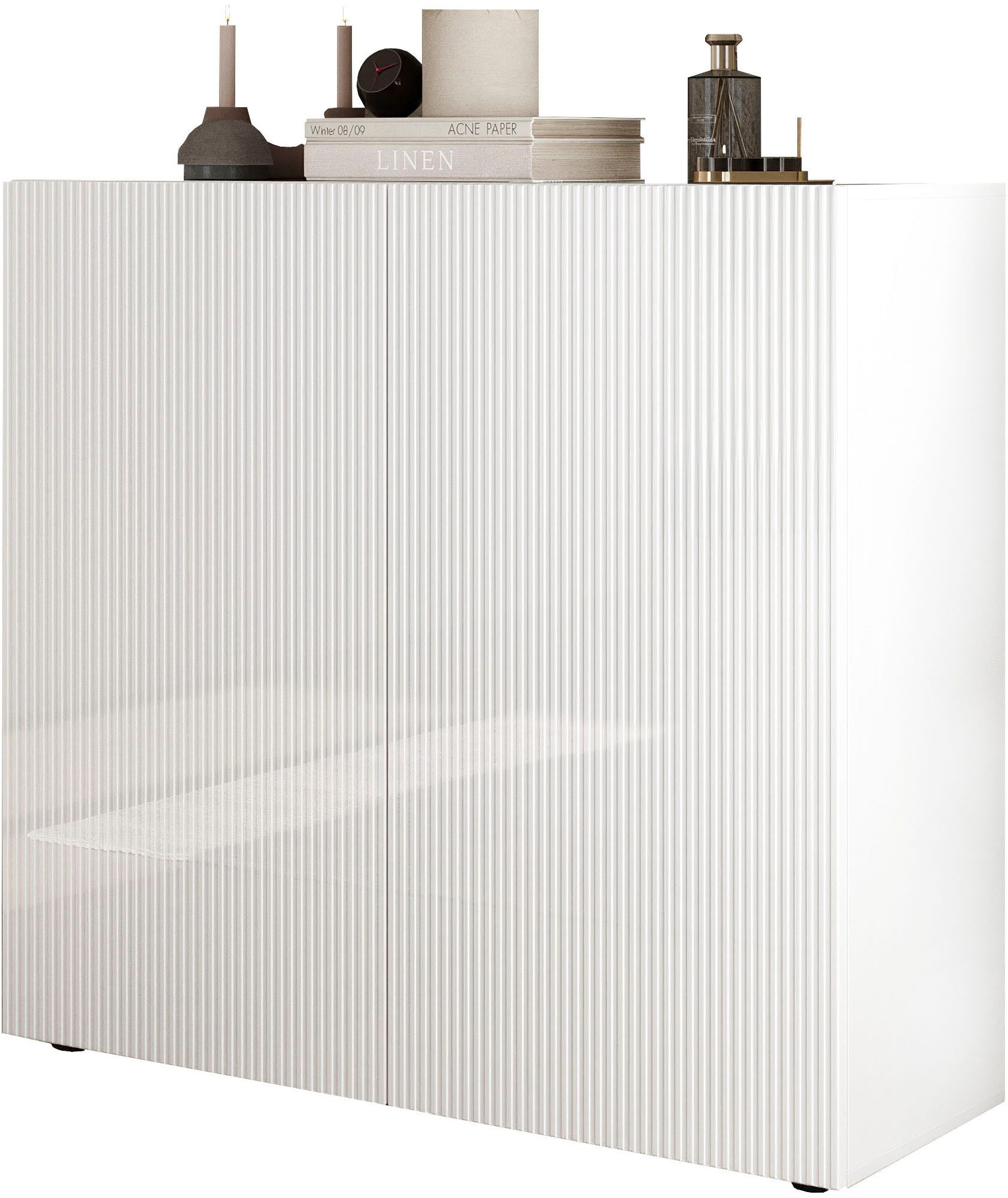 Home affaire Highboard Rio, Höhe 111 cm, Breite 120 cm, Stauraumschrank, Kommode, 2 Türen, geriffelte MDF-Fronten, modern u. elegant, viel Stauraum