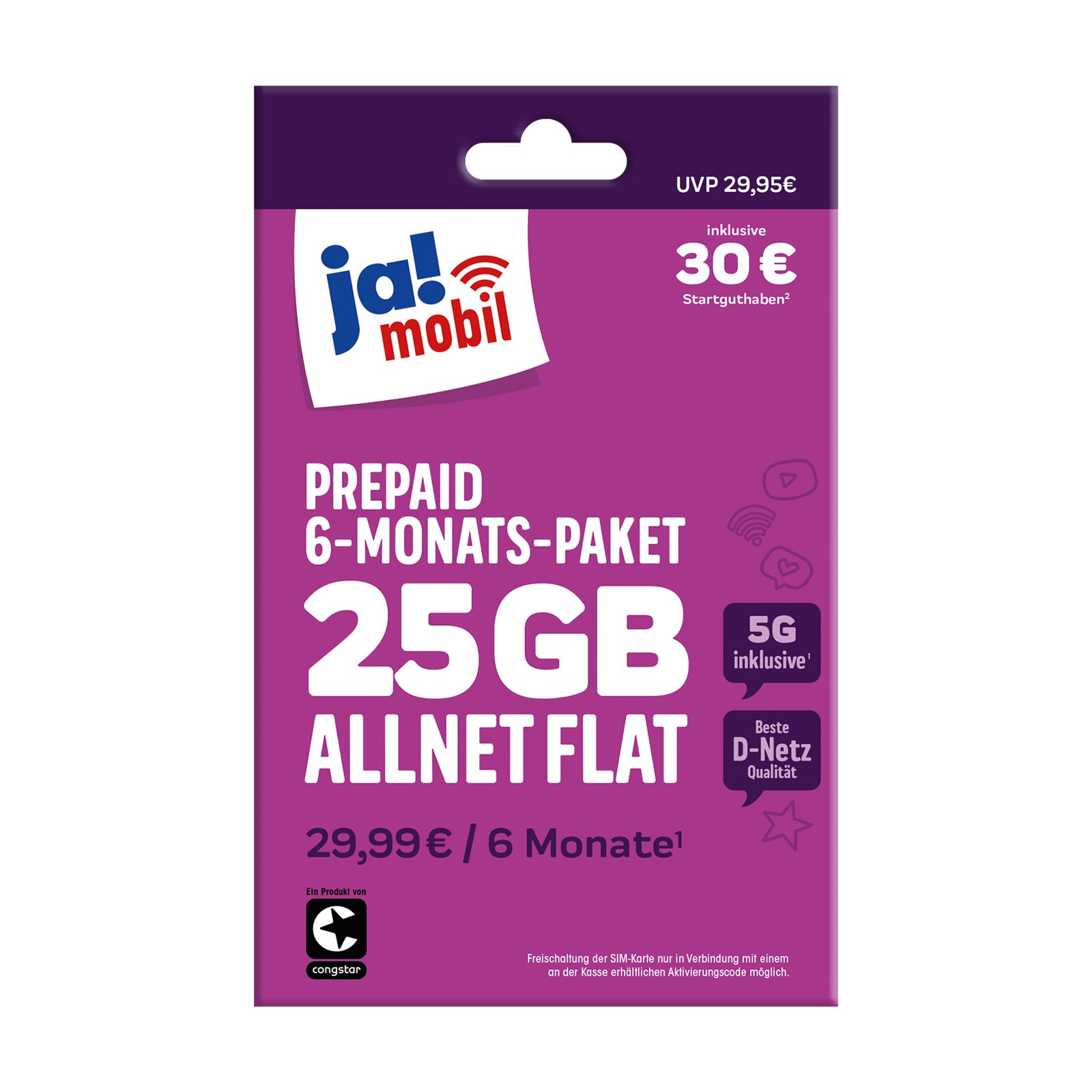 Ja! Mobil Prepaid 6-Monats-Paket Simkarte mit 30 € Startguthaben Prepaidkarte, (18 GB mit 5G plus Allnet-Flat, EU-Roaming inkl. Schweiz)