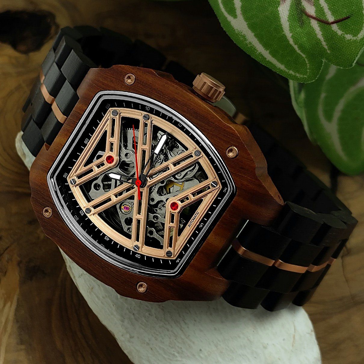 schwarz, Holzwerk gold Automatikuhr Holz Herren rose & Armband Uhr, braun Tonneau CALW