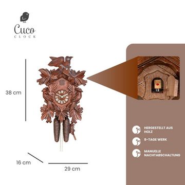 Cuco Clock Pendelwanduhr Kuckucksuhr Schwarzwalduhr "Im Blätterwald" Wanduhr aus Holz (38 x 29 x 16cm, 8 - Tage Werk, manuelle Nachtabschaltung)