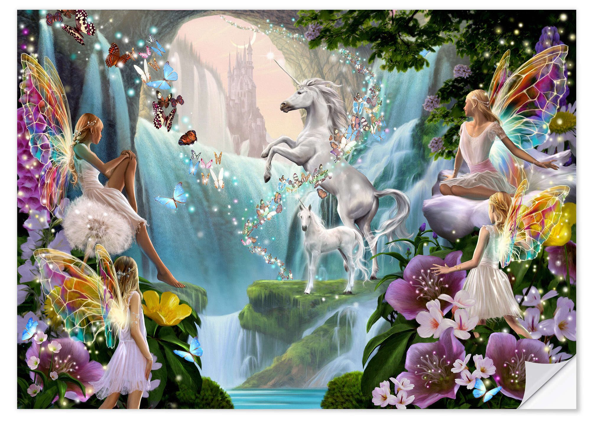 Posterlounge Wandbild Feen und Einhörner am Wasserfall, Garry Walton, erhältlich als Poster, Leinwandbild, Wandsticker oder Acrylglasbild