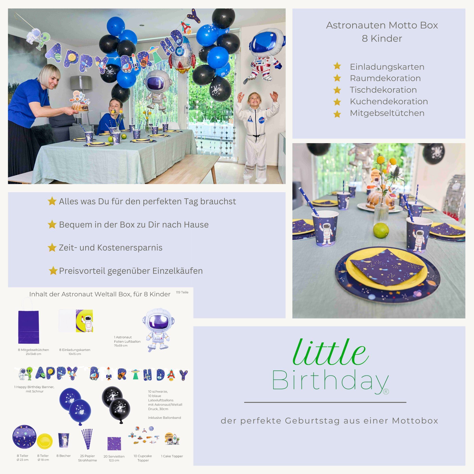 8 Kindergeburtstag, - aus Astronauten einem für Kinder, Set Papierdekoration Birthday Mottobox für Teile little Birthday 119 little