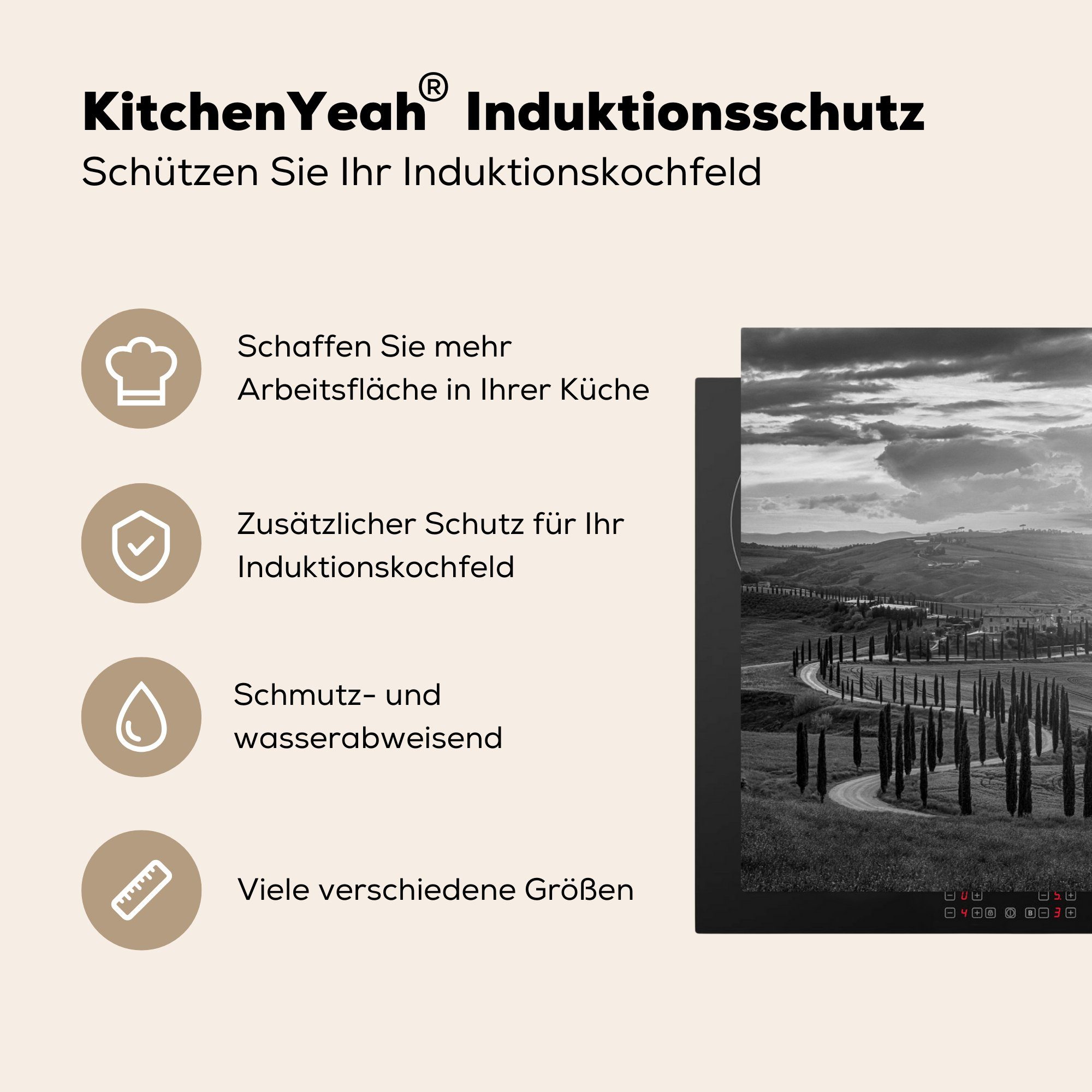 MuchoWow Herdblende-/Abdeckplatte Italien - Schwarz 81x52 Weiß cm, tlg), Induktionskochfeld Schutz Ceranfeldabdeckung für Vinyl, Toskana, - - küche, die (1