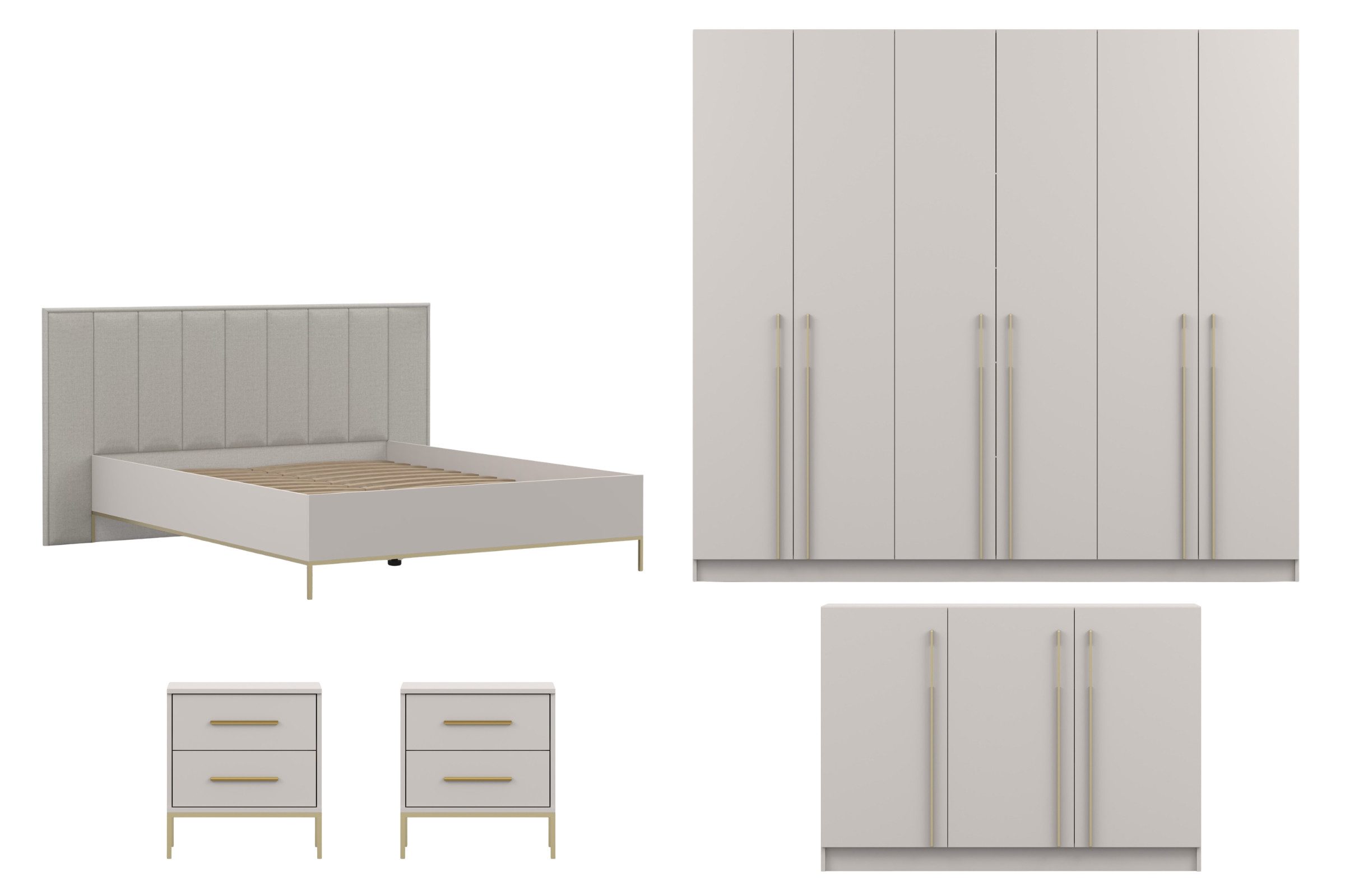 Deine Möbel 24 Komplettschlafzimmer E MIRELO, Möbel-Set Schlafzimmer - Set MIRELO-Kollektion, (Set, 5-tlg., in Kaschmir, mit goldfarbenen Griffen und Füßen), Bett, Kleiderschrank 4-türig / 6-türig, Kommode & 2 Nachttischen