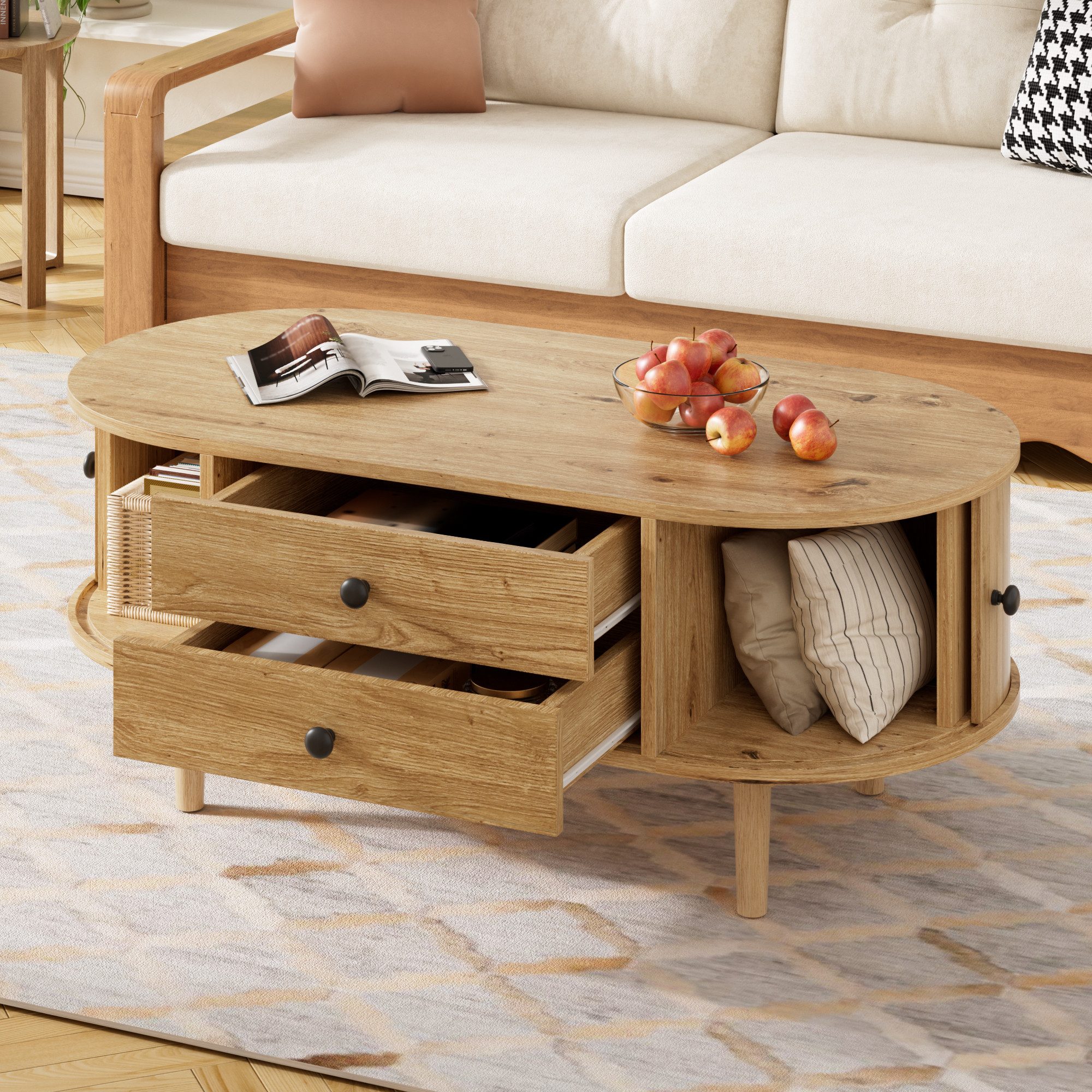 Merax Couchtisch Oval Sofatisch mit vertikalen Leisten in Holzoptik (1-St., 100x50x40 cm), Wohnzimmertisch mit Schiebetüren, 2 Schubladen & Stauraum – Bild 4 von 5