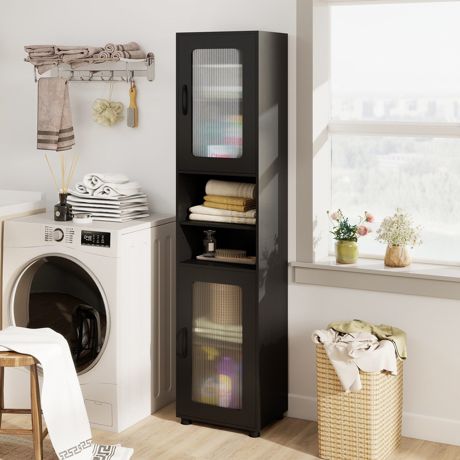 COSTWAY Badkommode, Hochschrank Badezimmer mit 2 Glastüren 170cm weiß