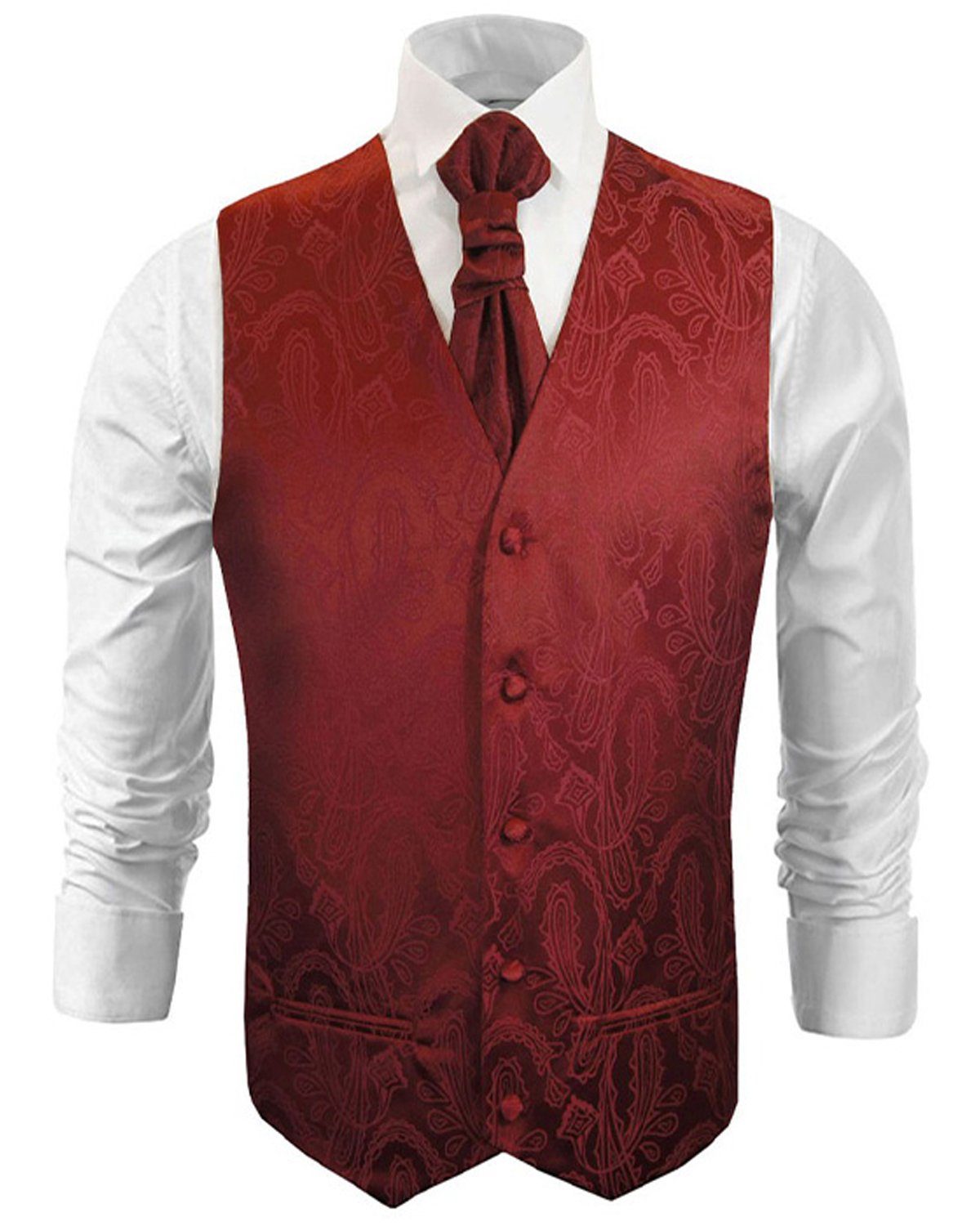 Paul Malone Anzugweste Herren Hochzeitsweste mit Plastron Set 2tlg paisley - Bräutigam (Set, 2-tlg., mit Weste und Plastron) weinrot V1, Gr. 52 (M)