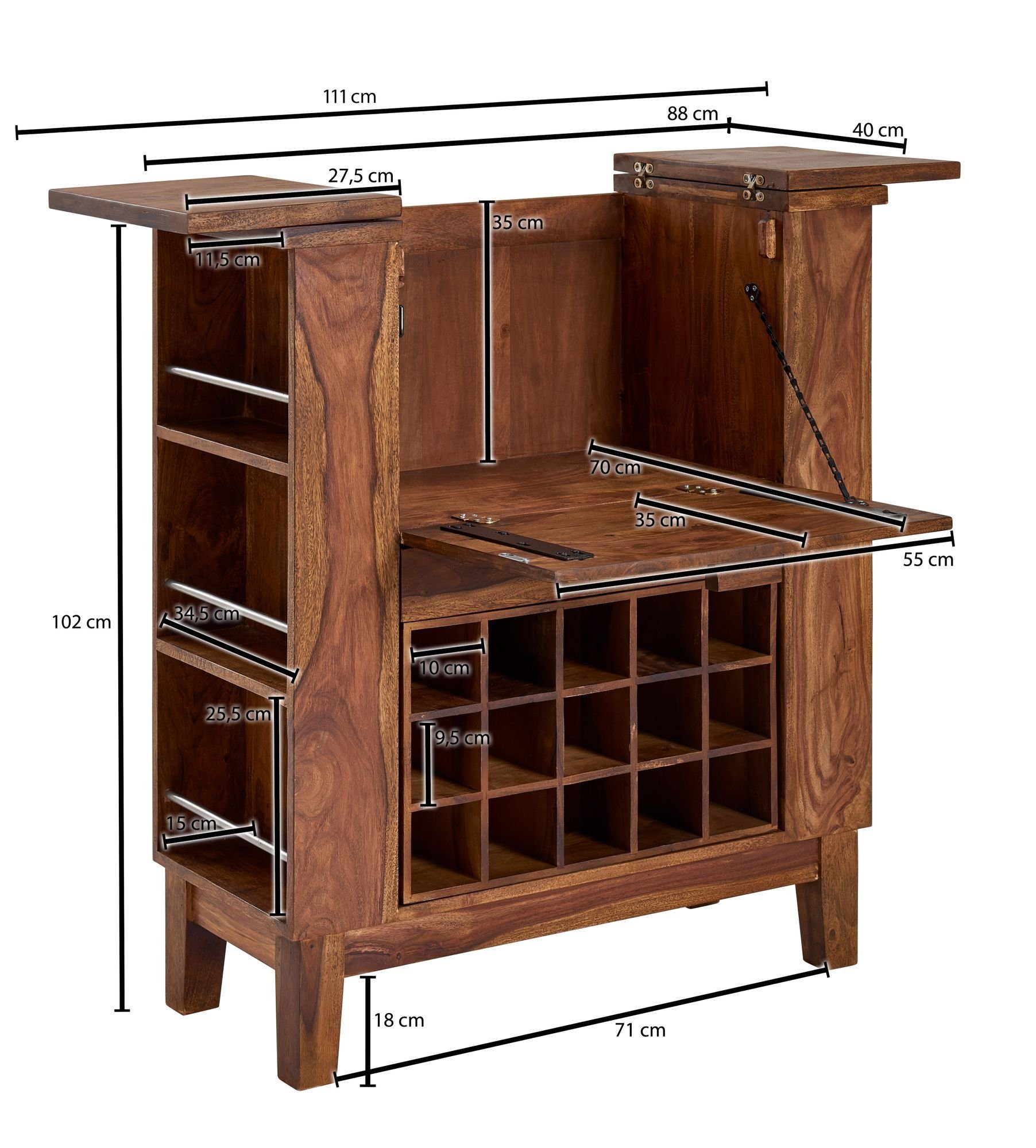 Kleine 88x102x40 WL6.541 Massivholz Buffet cm, Bar Hausbar (Sheesham Barschrank, Ausklappbar, Weinbar Wohnling Barschrank mit Tür)