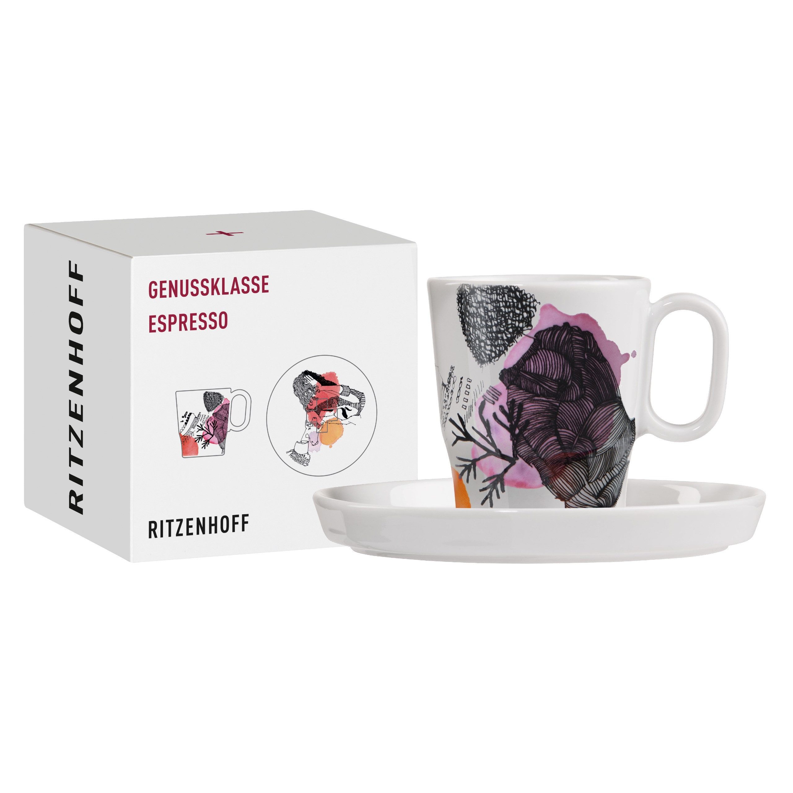 Ritzenhoff Espressotasse Genussklasse, Porzellan, Spülmaschinengeeignet, Mehrfarbig, Skizzen, H: 6.5cm