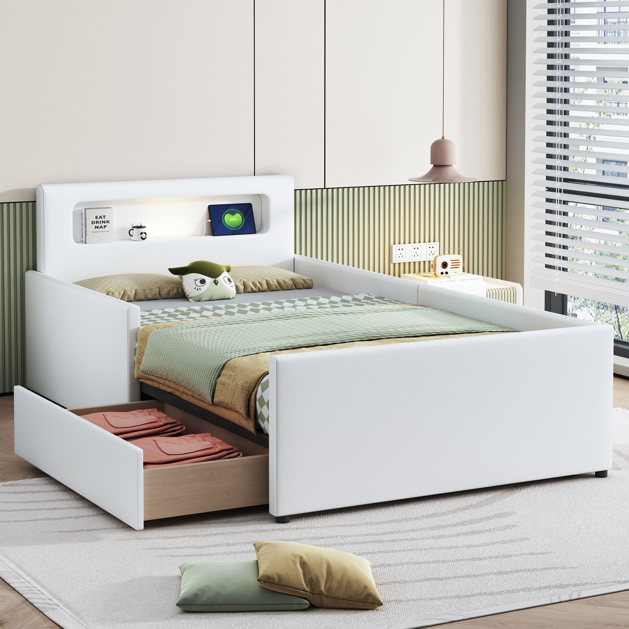 Flieks Polsterbett, Kinderbett 90x200cm mit Schublade, Nachtlicht und USB-L günstig online kaufen