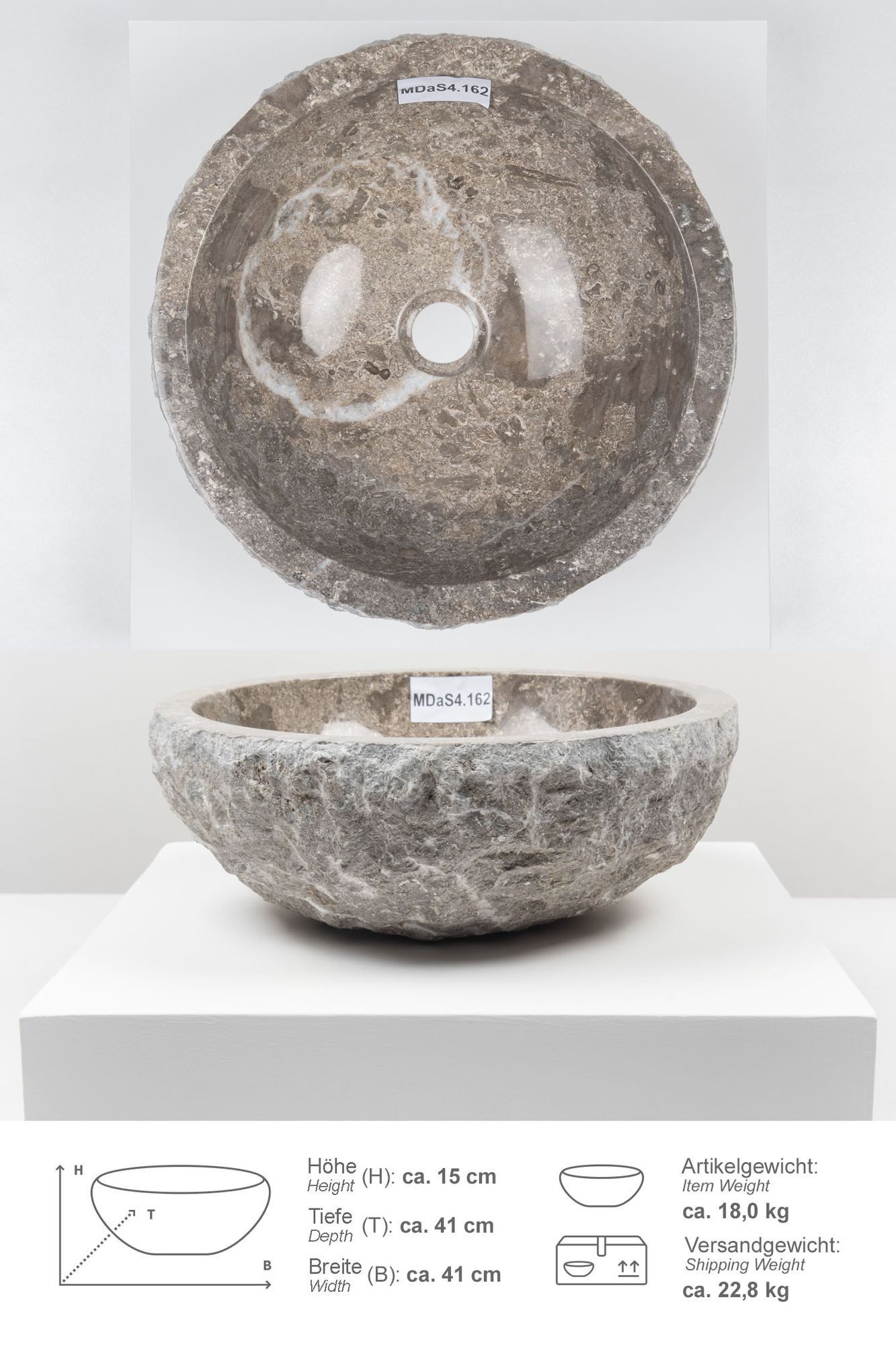 wohnfreuden Aufsatzwaschbecken Erosi Marmor Waschbecken 40 cm grau (Kein Set), 125883_MDaS4.162