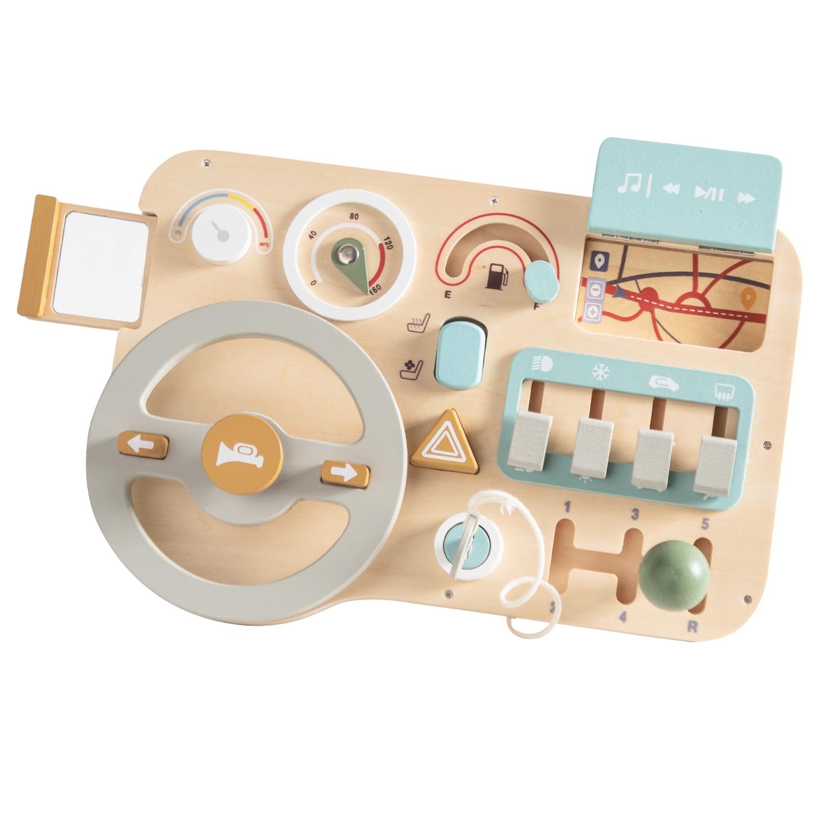 CLTYQ Motorikbrett Motorikbrett Montessori Sensorik,Busy Board Kinder Lenkrad, Simuliertes Lenkrad,Holzspielzeug für Baby, Reisespielzeug,Geschenk