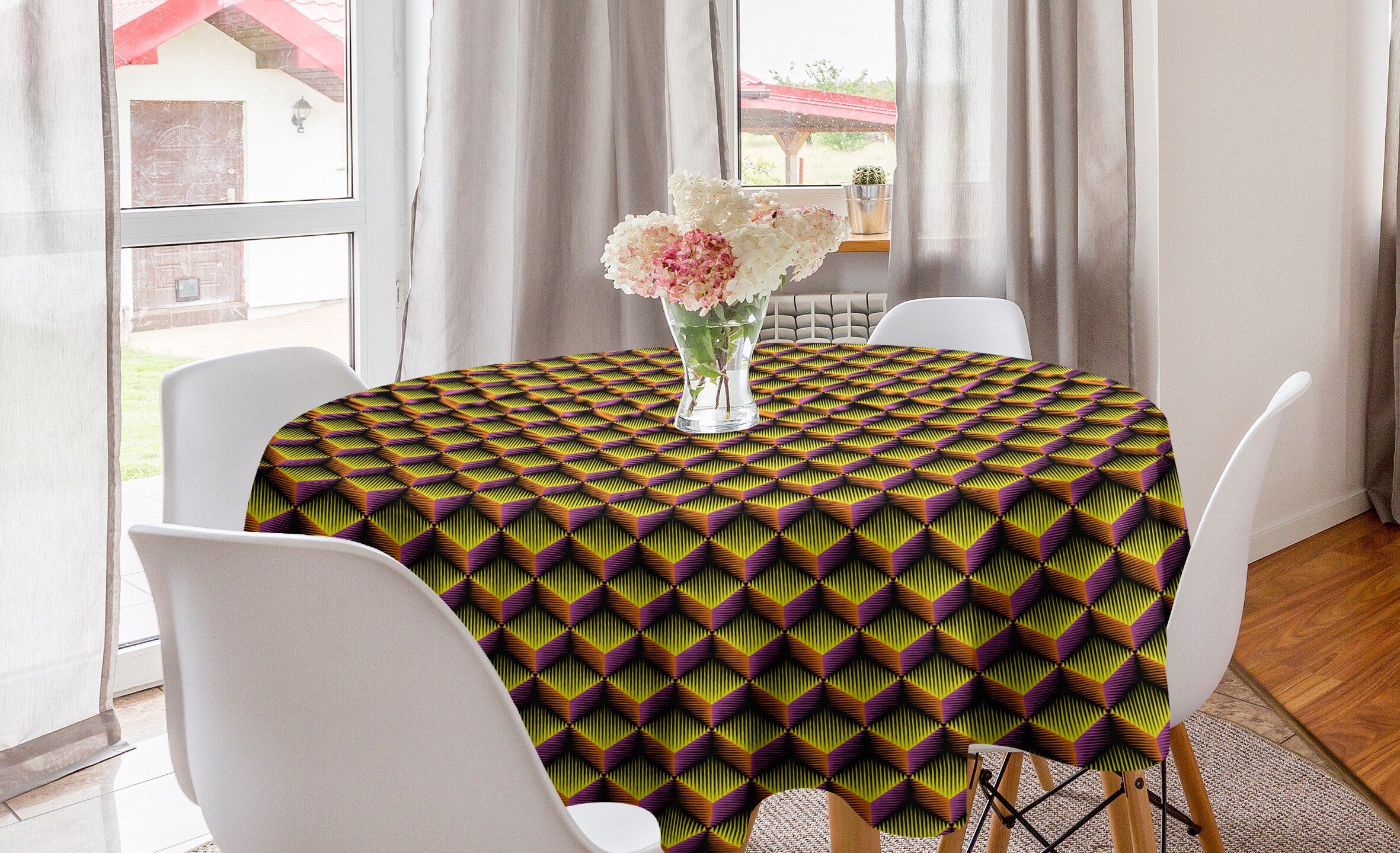 Abakuhaus Tischdecke Kreis Tischdecke Abdeckung für Esszimmer Küche Dekoration, Gitter 3D Cubes Leuchtende Farben