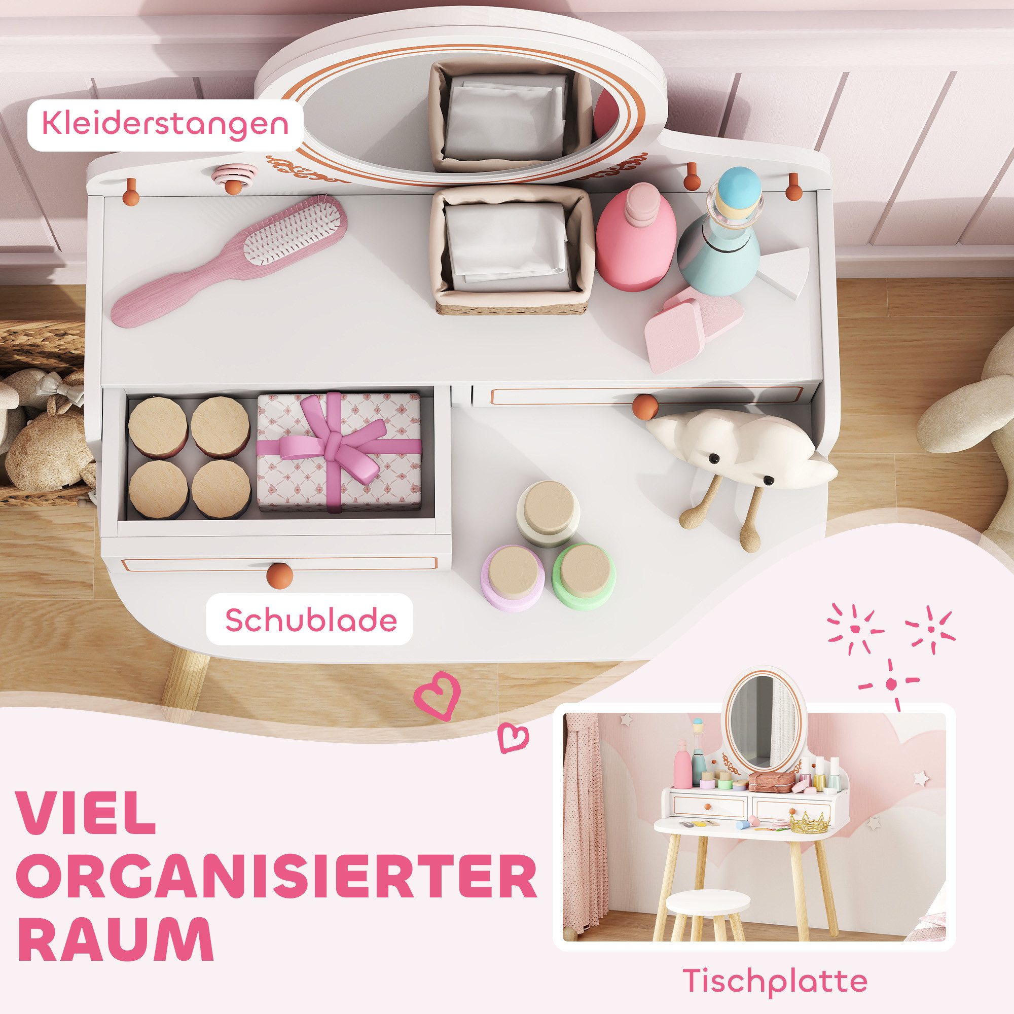 AIYAPLAY Schminktisch Kinderschminktisch mit Spiegel Schubladen Kleiderstangen (Frisiertisch mit Hocker, 2-St., Make-up Tisch), für Mädchen 3-8 Jahre Weiß – Bild 5 von 5