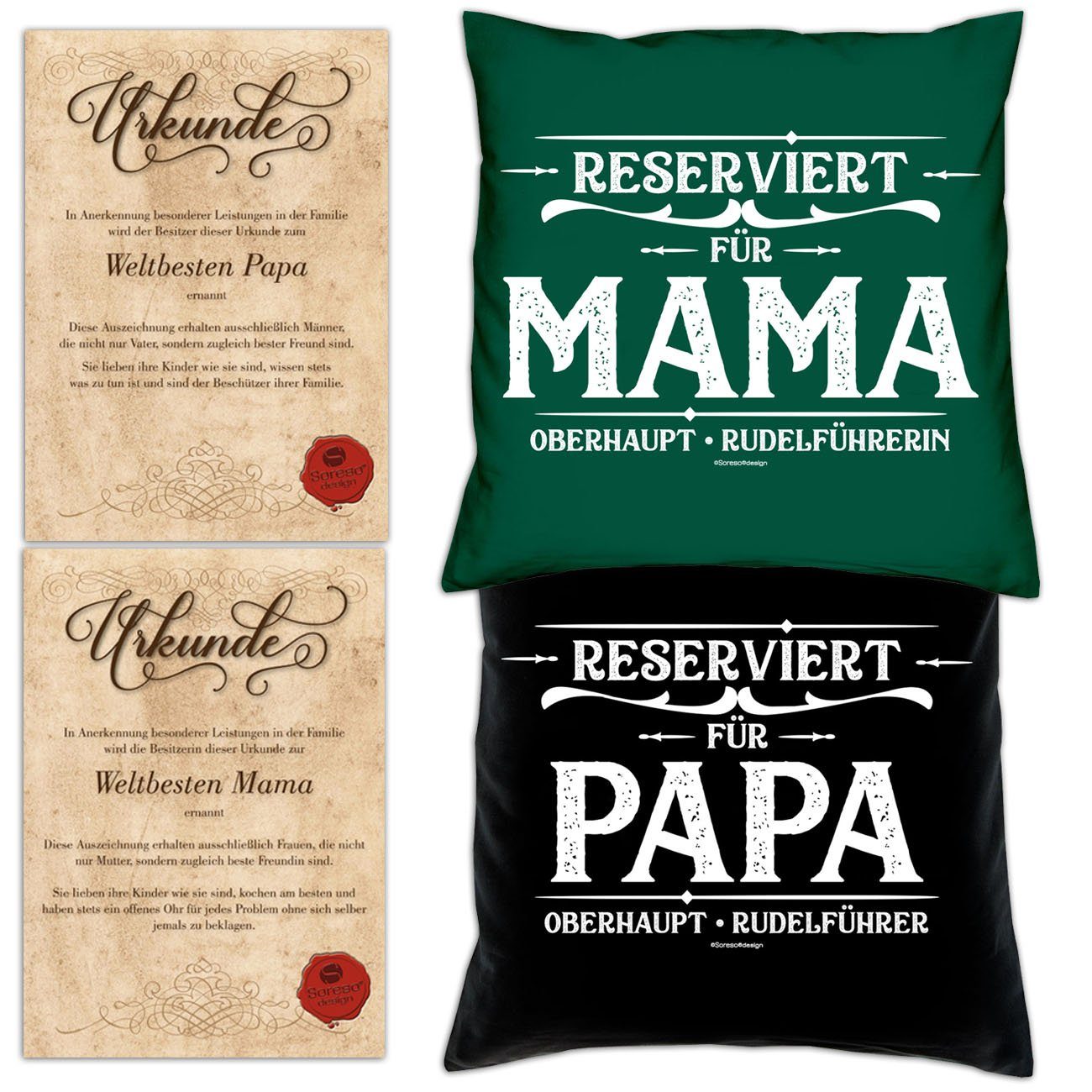 Soreso® Dekokissen Kissen-Set Reserviert für Papa Reserviert für Mama mit Urkunden, Weihnachtsgeschenk Geschenke Idee Eltern dunkelgrün