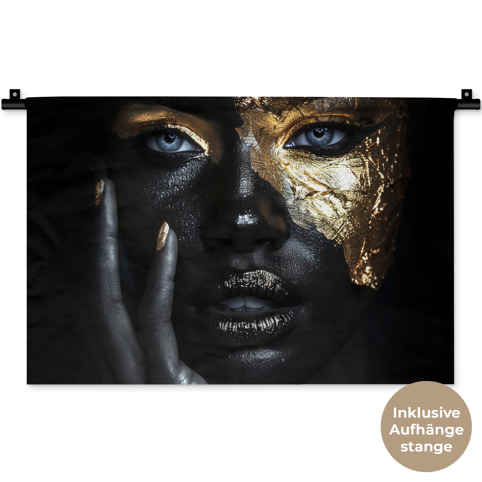 MuchoWow Wandteppich Frau - Gold - Porträt - Modern - Schwarz - Abstrakt, Rechteckig, Höhe: 3 mm, Wandteppich für Wohnzimmer, Schlafzimmer, 60x40 cm