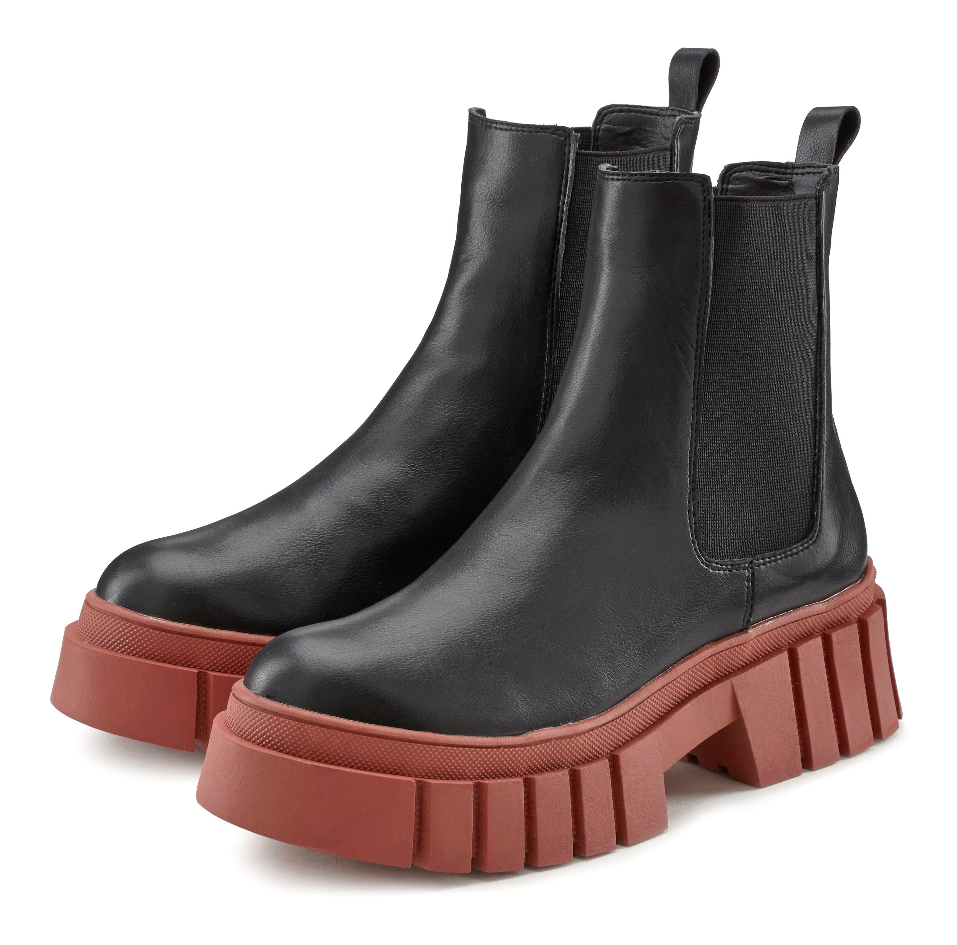 LASCANA Chelseaboots mit Chunky Sohle im trendigen Farbmix,  Plateaustiefelette, Ankle Boots